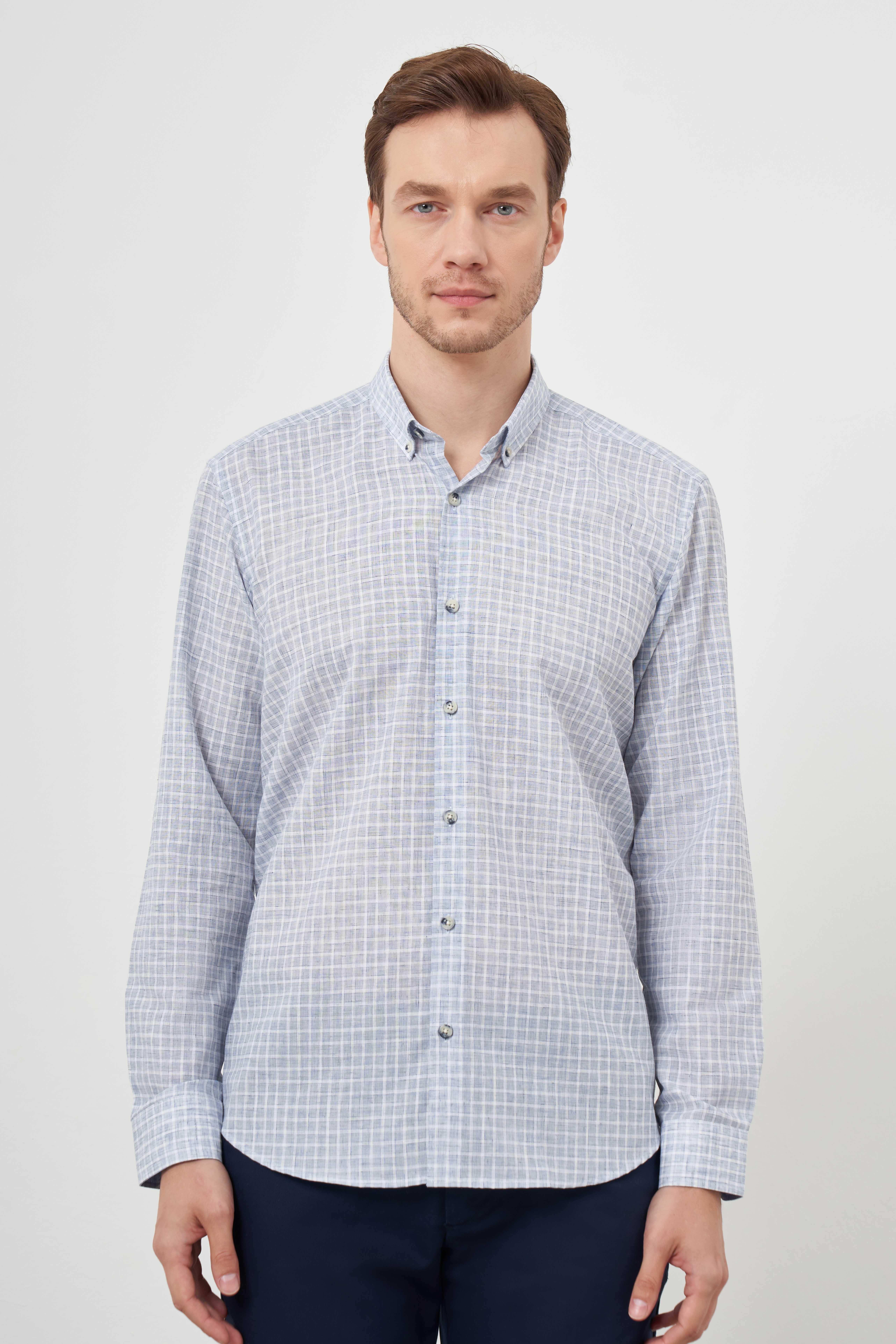 Morven Erkek Mavi Keten Ekoseli Düğmeli Yaka Regular Fit Gömlek