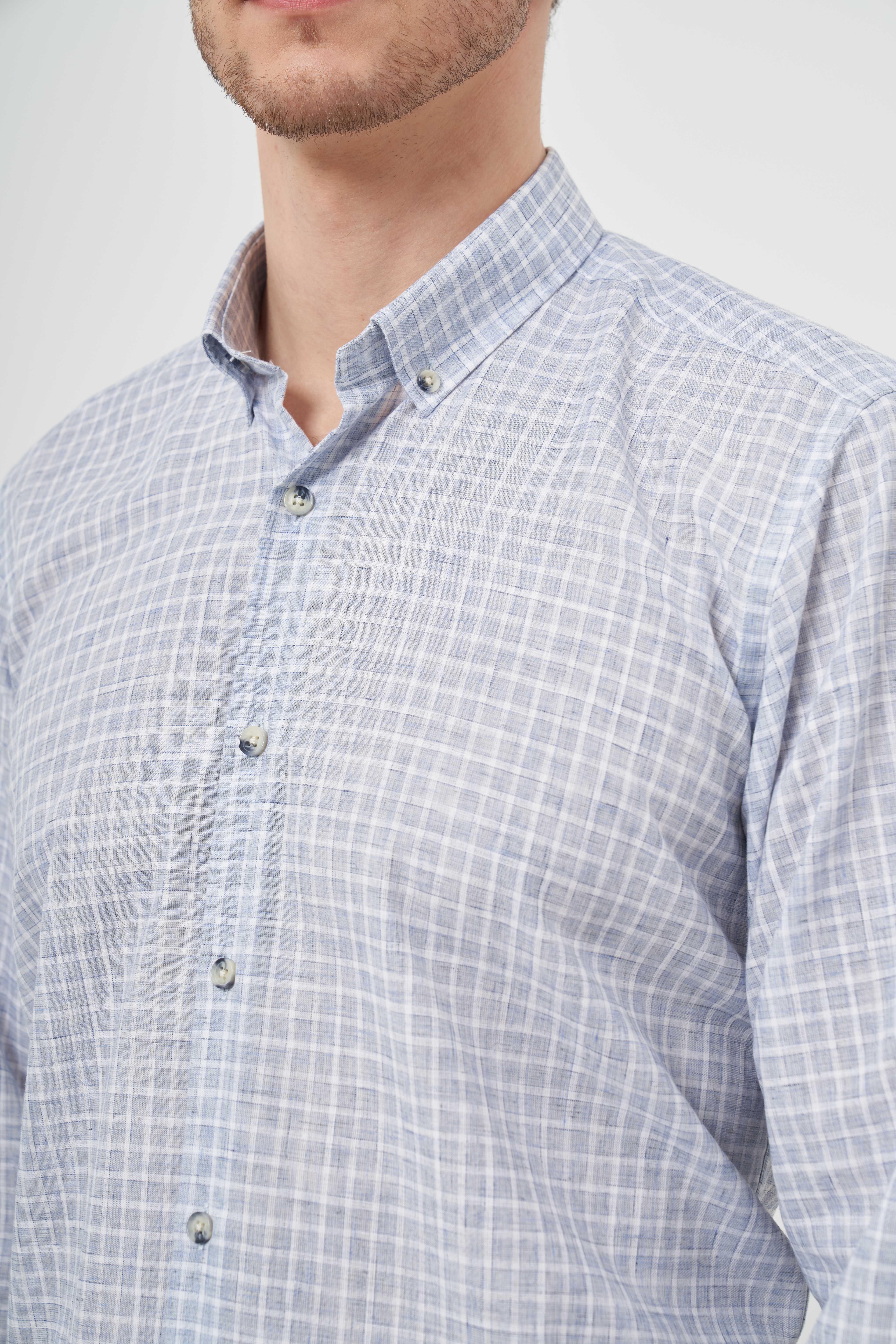 Morven Erkek Mavi Keten Ekoseli Düğmeli Yaka Regular Fit Gömlek