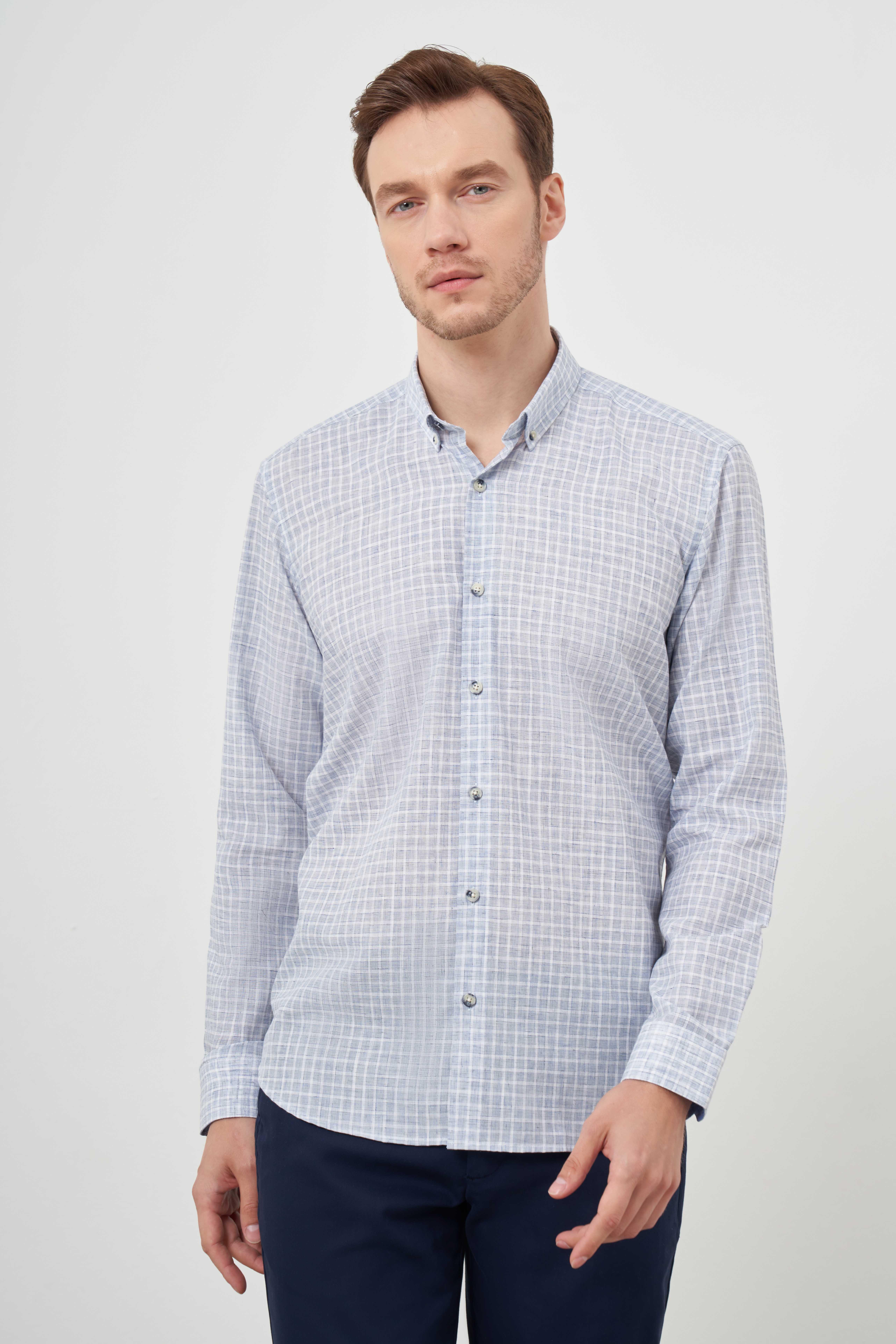 Morven Erkek Mavi Keten Ekoseli Düğmeli Yaka Regular Fit Gömlek