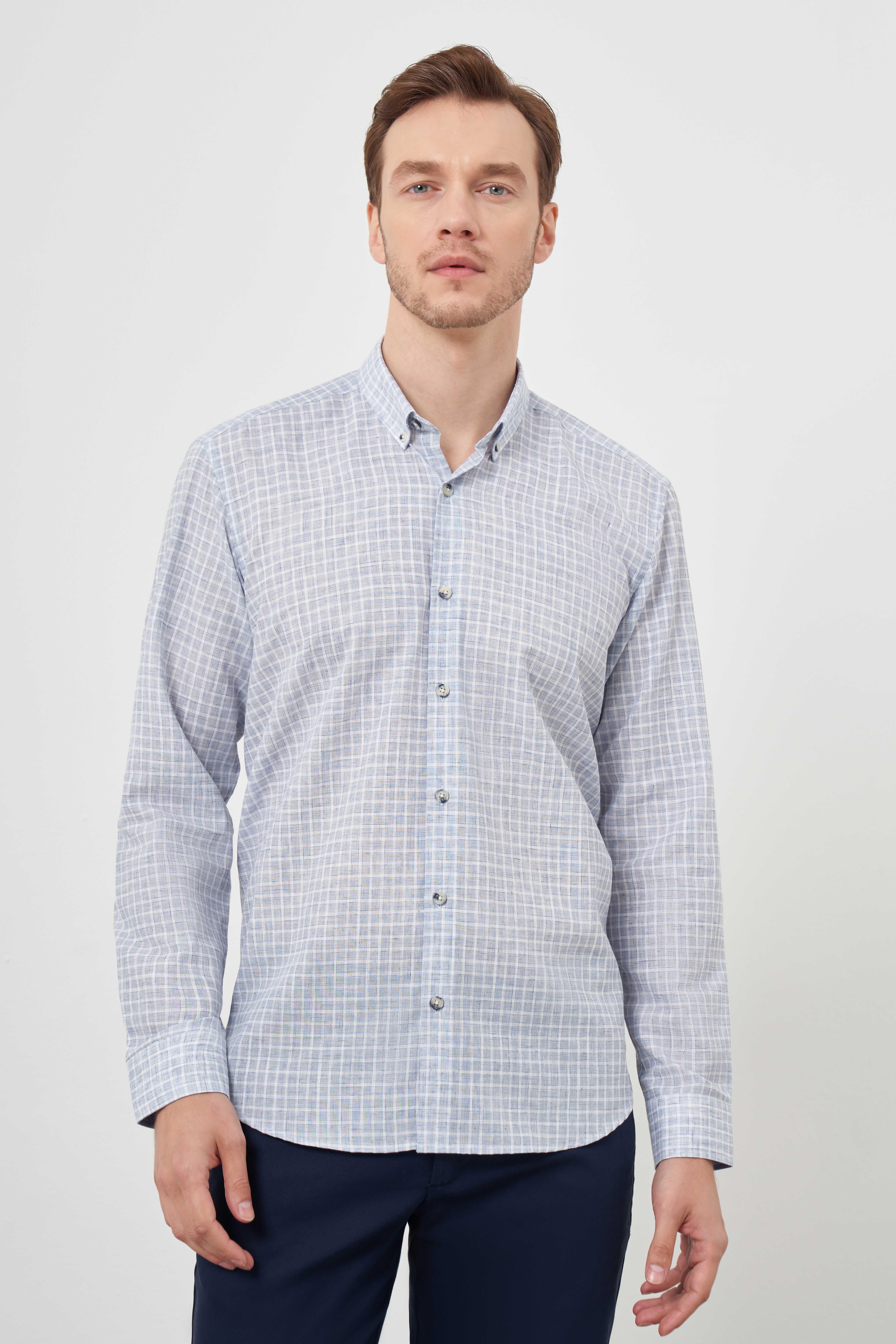 Morven Erkek Mavi Keten Ekoseli Düğmeli Yaka Regular Fit Gömlek