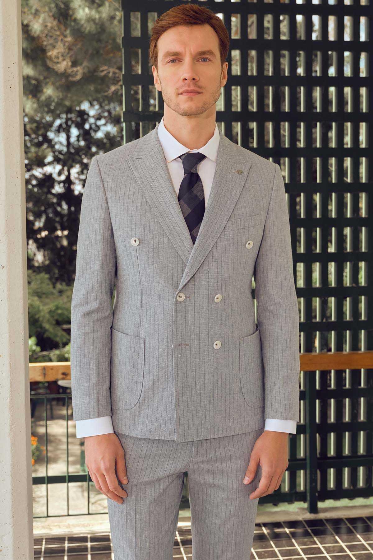 Morven Erkek Mavi Keten Trend Slim Fit Sivri Yaka Takım Elbise