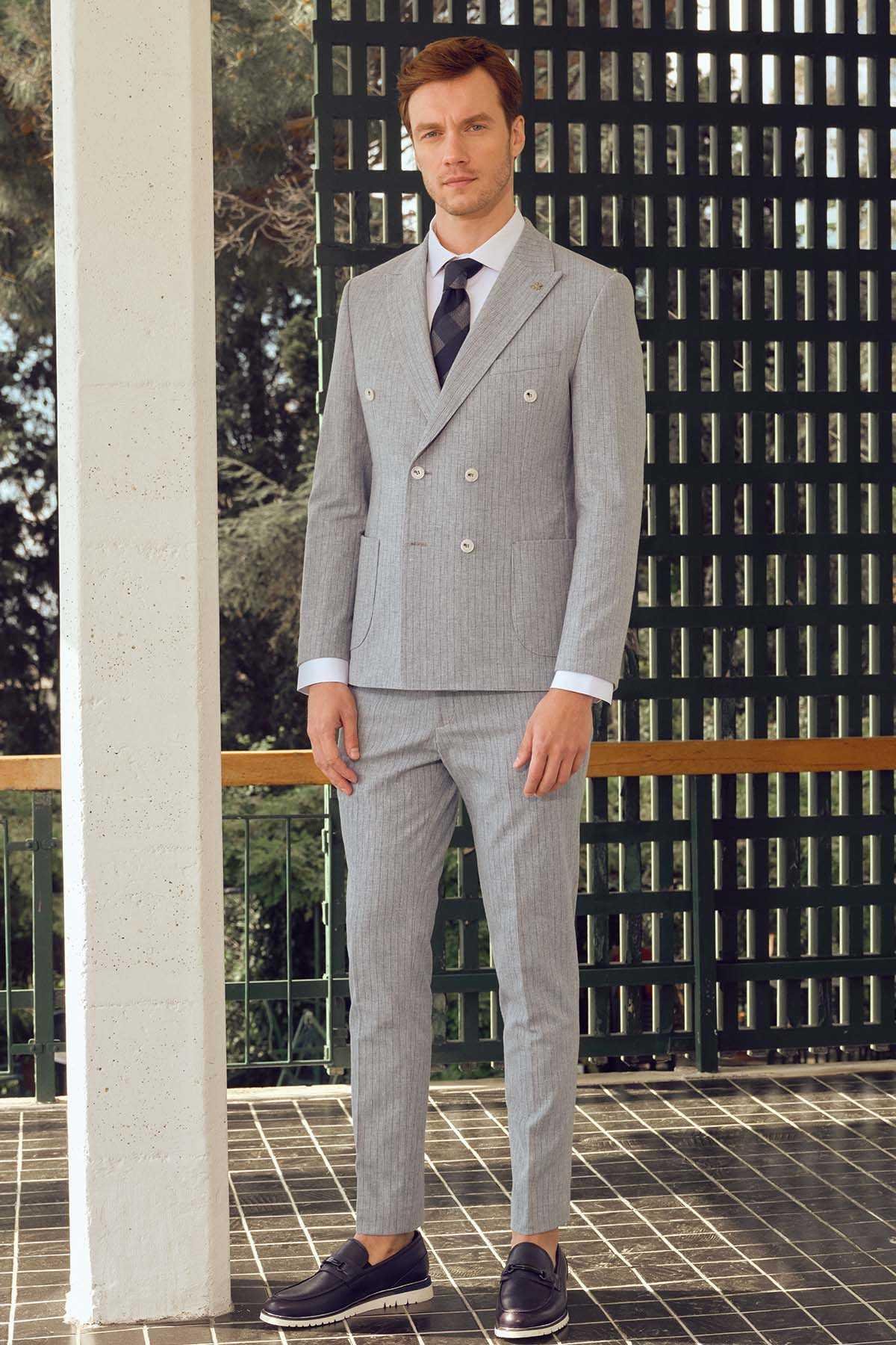 Morven Erkek Mavi Keten Trend Slim Fit Sivri Yaka Takım Elbise