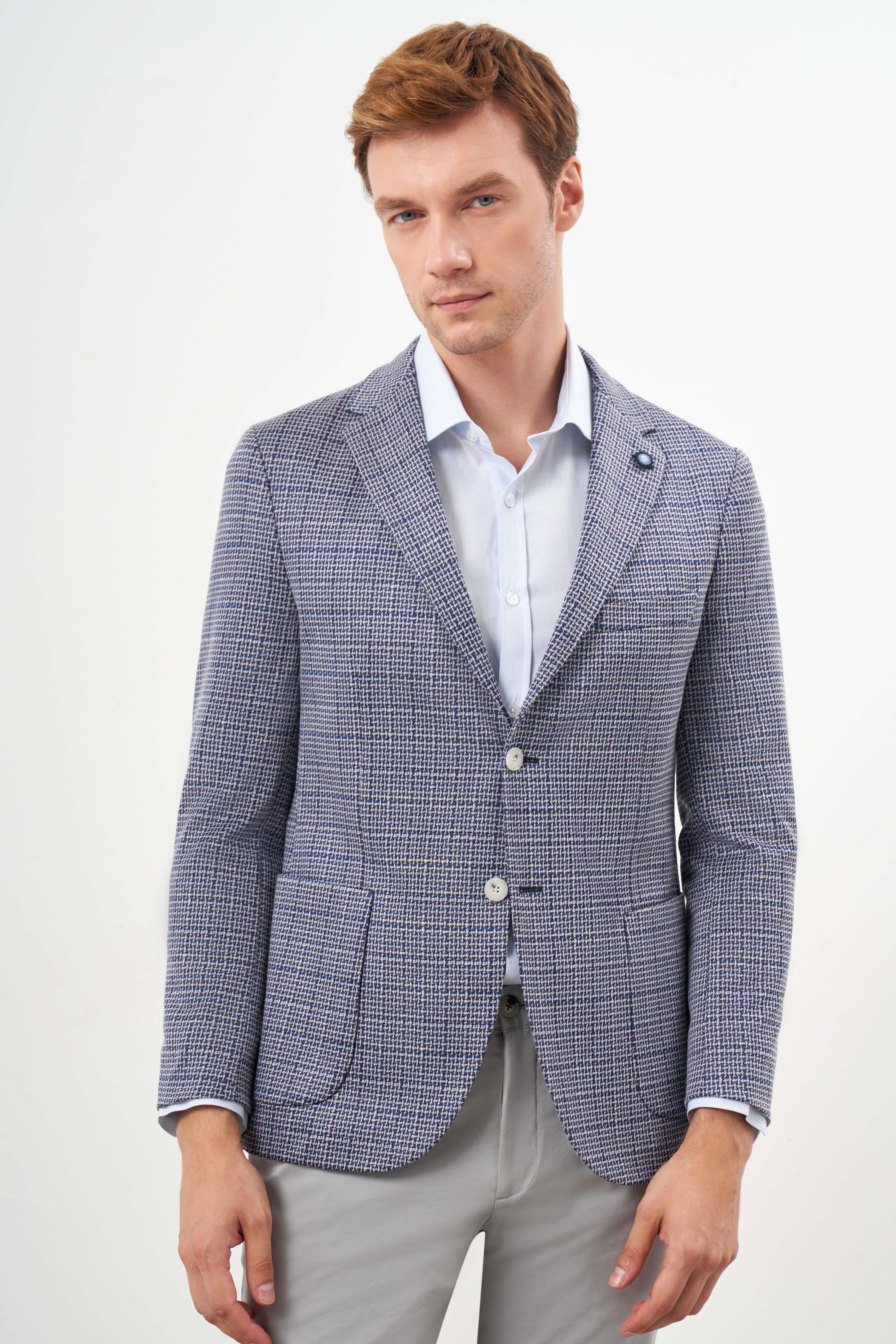 Morven Erkek Mavi Örme Slim Fit Torba Cep Mono Yaka Spor Ceket