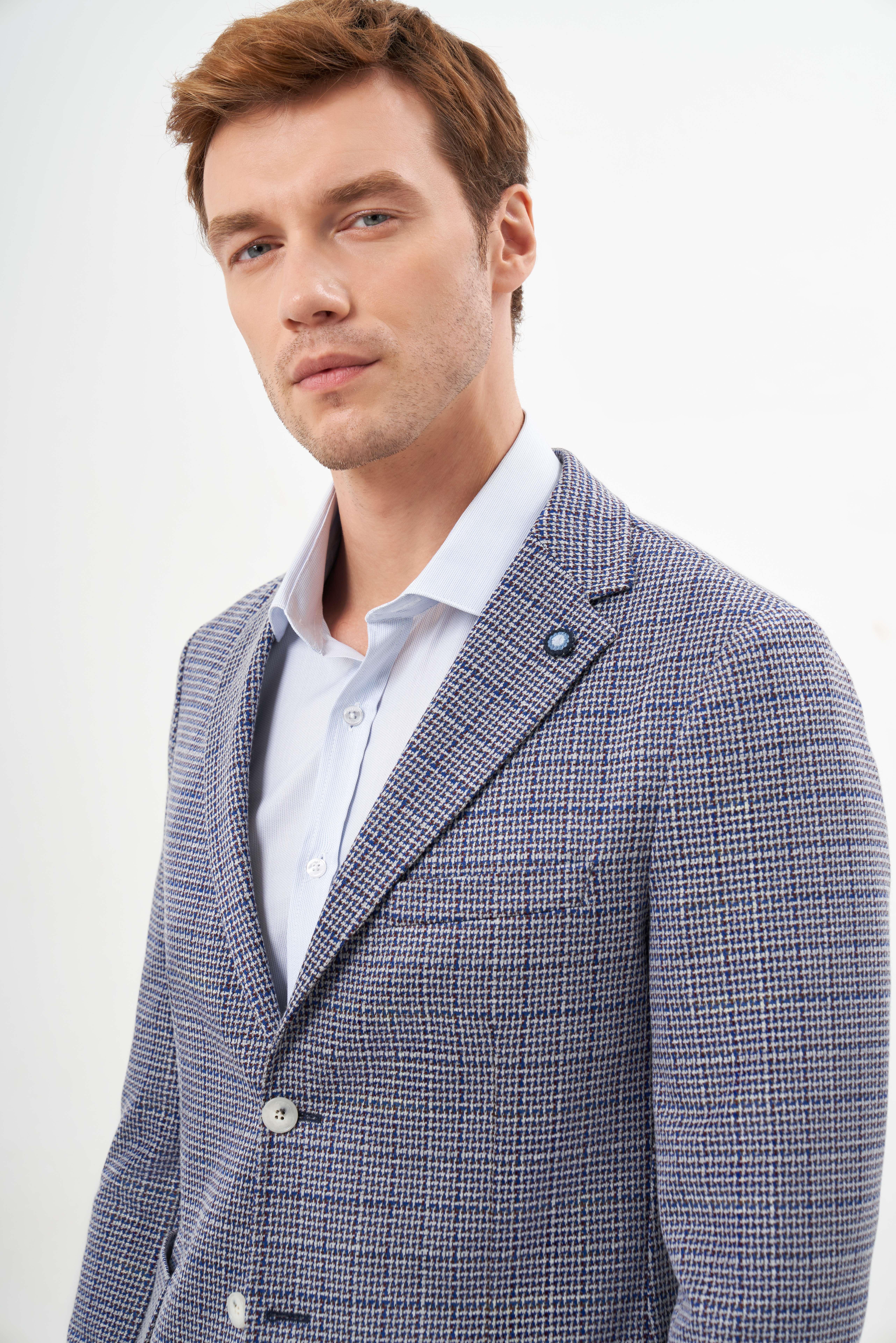 Morven Erkek Mavi Örme Slim Fit Torba Cep Mono Yaka Spor Ceket