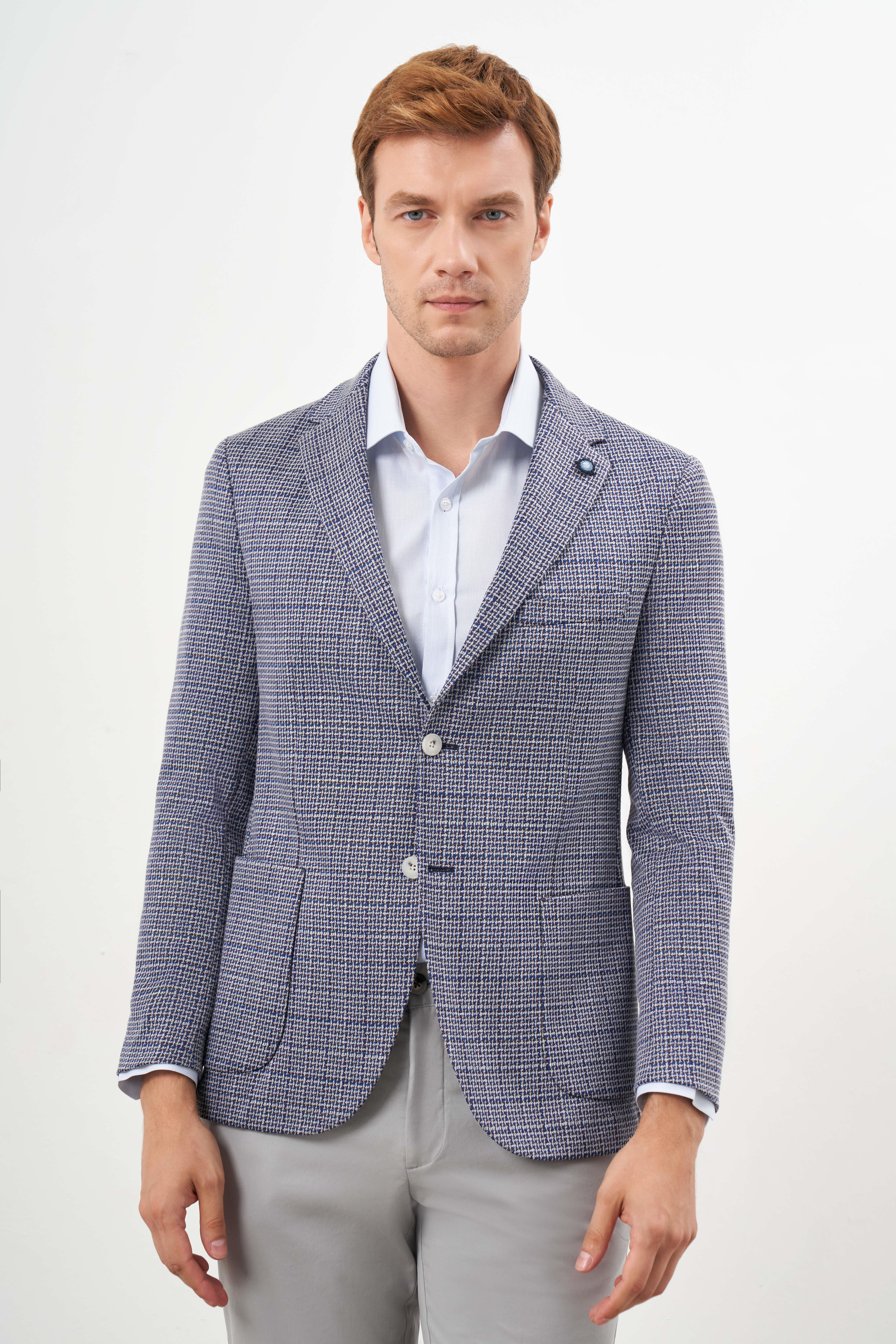 Morven Erkek Mavi Örme Slim Fit Torba Cep Mono Yaka Spor Ceket