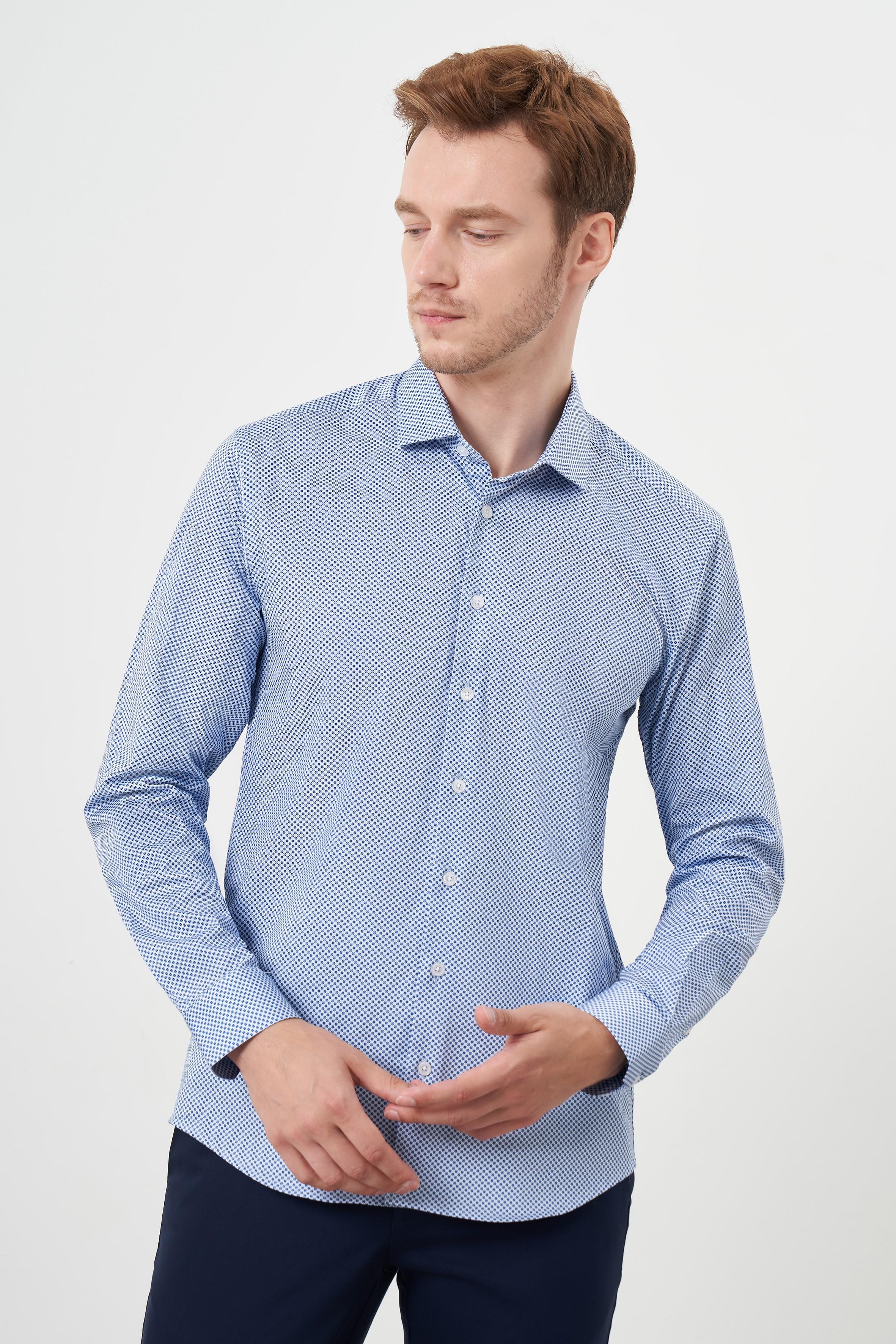 Morven Erkek Mavi Pamuk Baskılı Desenli  İtalyan Yaka Slim Fit Gömlek