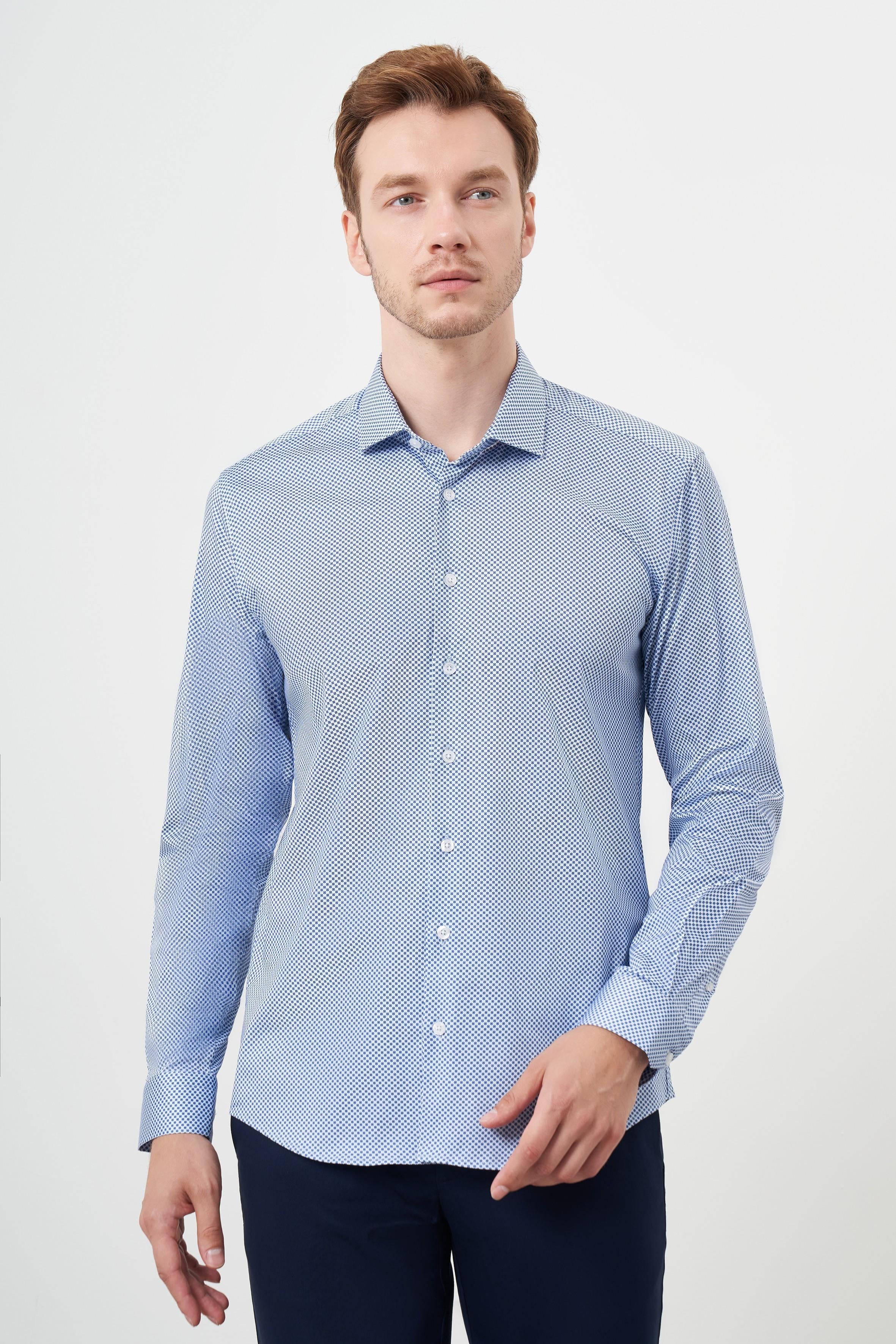 Morven Erkek Mavi Pamuk Baskılı Desenli  İtalyan Yaka Slim Fit Gömlek