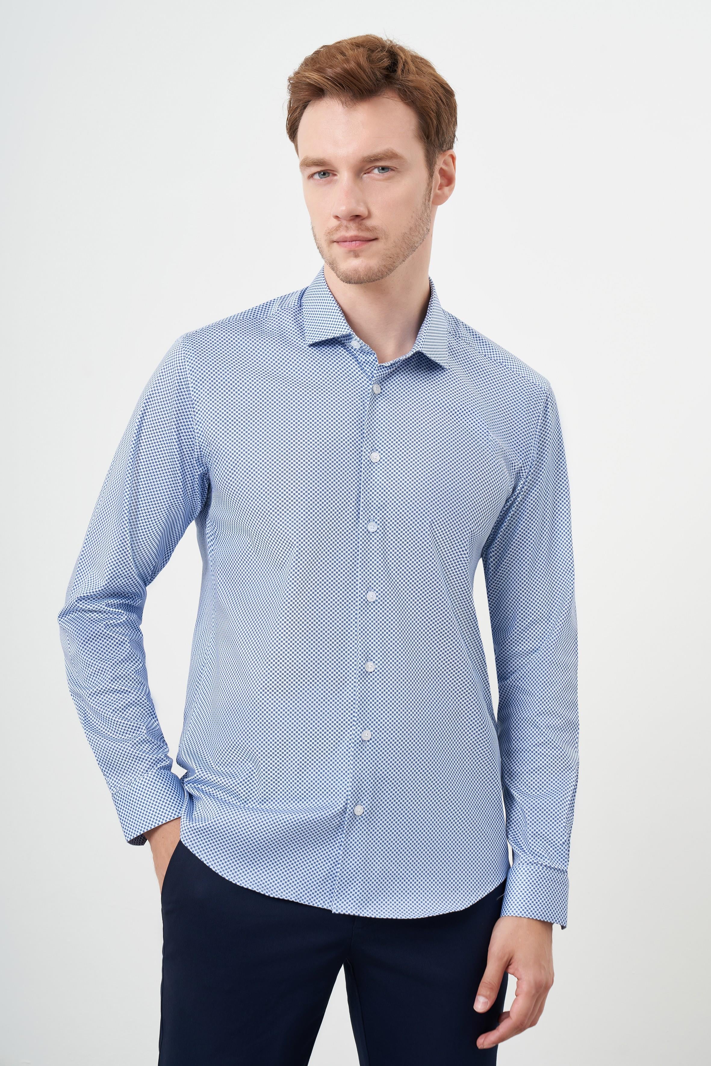 Morven Erkek Mavi Pamuk Baskılı Desenli  İtalyan Yaka Slim Fit Gömlek