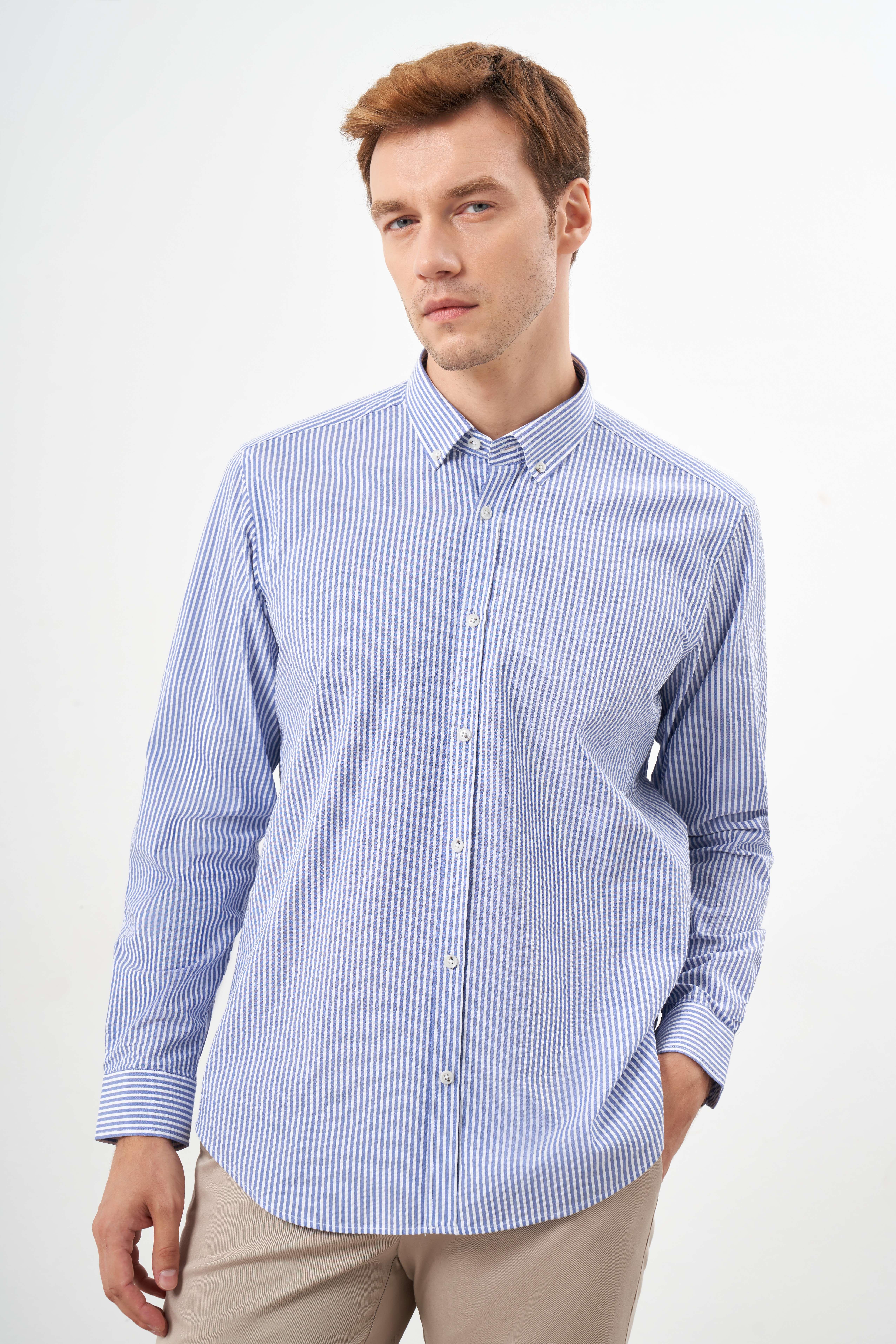 Morven Erkek Mavi Pamuk Çizgili Panolu Düğmeli Yaka Regular Fit Gömlek