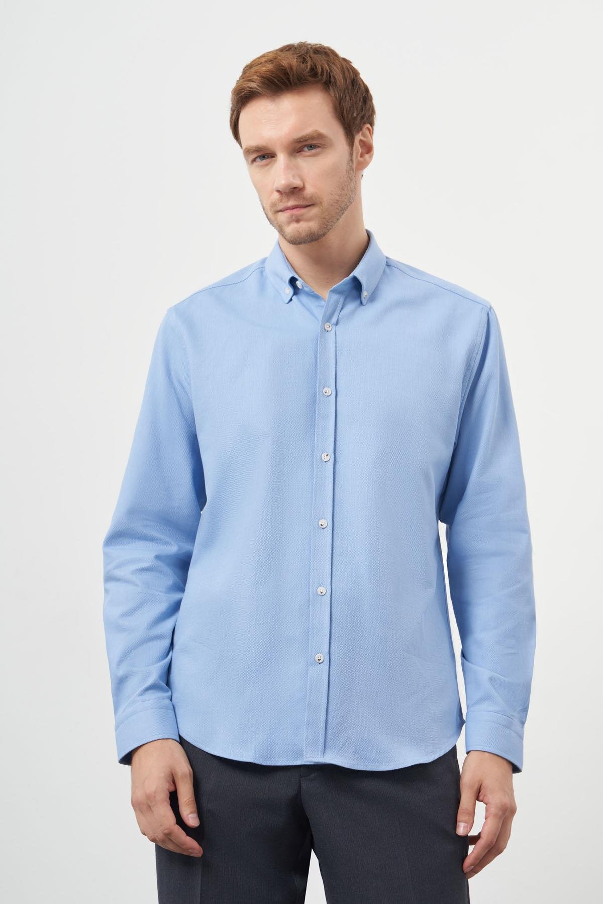 Morven Erkek Mavi Pamuk Trend Dynamic Fit Düğmeli Yaka Gömlek