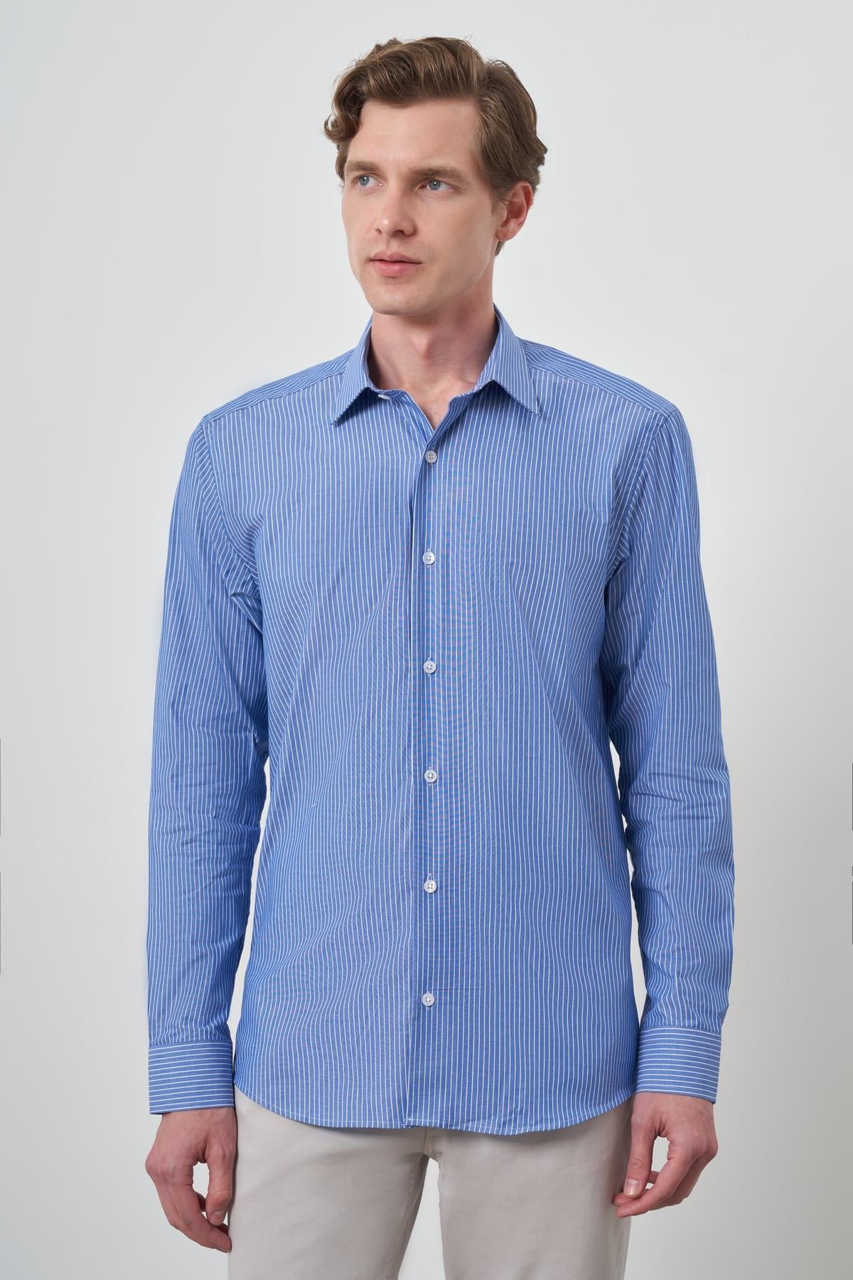 Morven Erkek Mavi Pamuk Trend Slim Fit Sert Yaka Gömlek