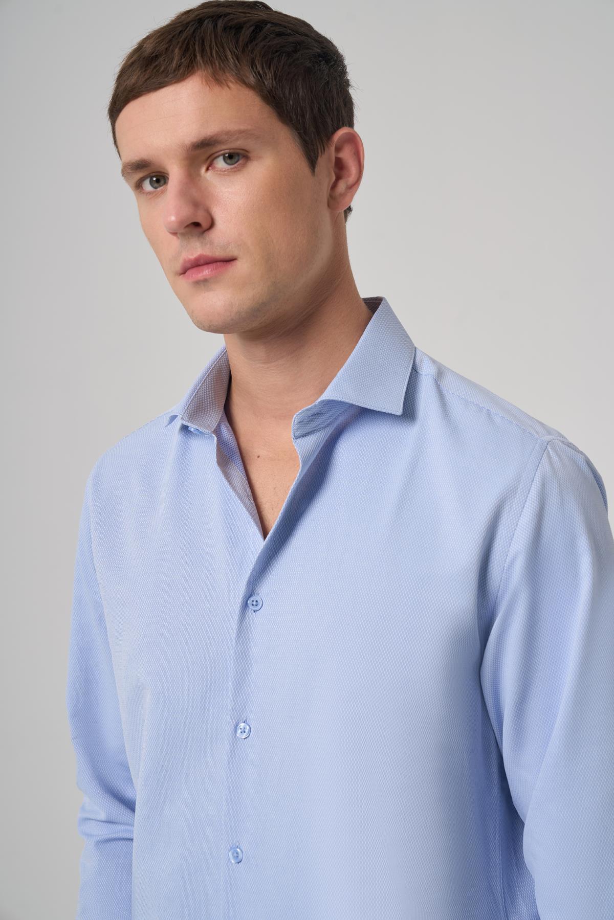 Morven Erkek Mavi Polyester Trend Desenli Dynamic Fit İtalyan Yaka Gömlek