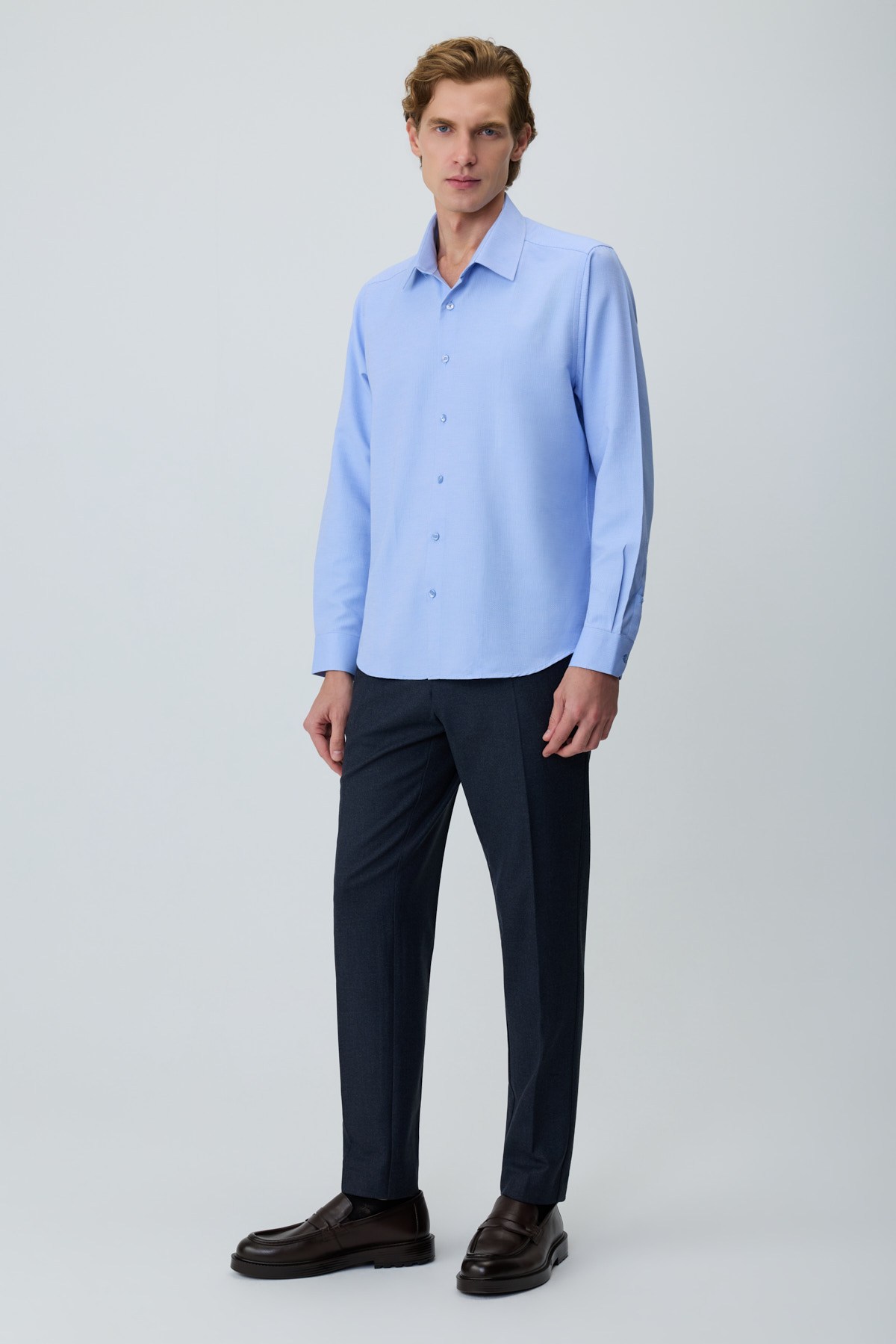 Morven Erkek Mavi Polyester Trend Desenli Dynamic Fit İtalyan Yaka Gömlek