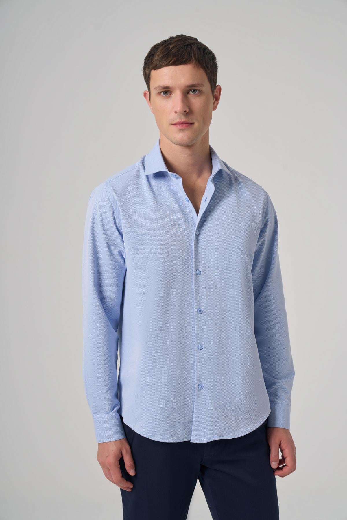 Morven Erkek Mavi Polyester Trend Desenli Dynamic Fit İtalyan Yaka Gömlek