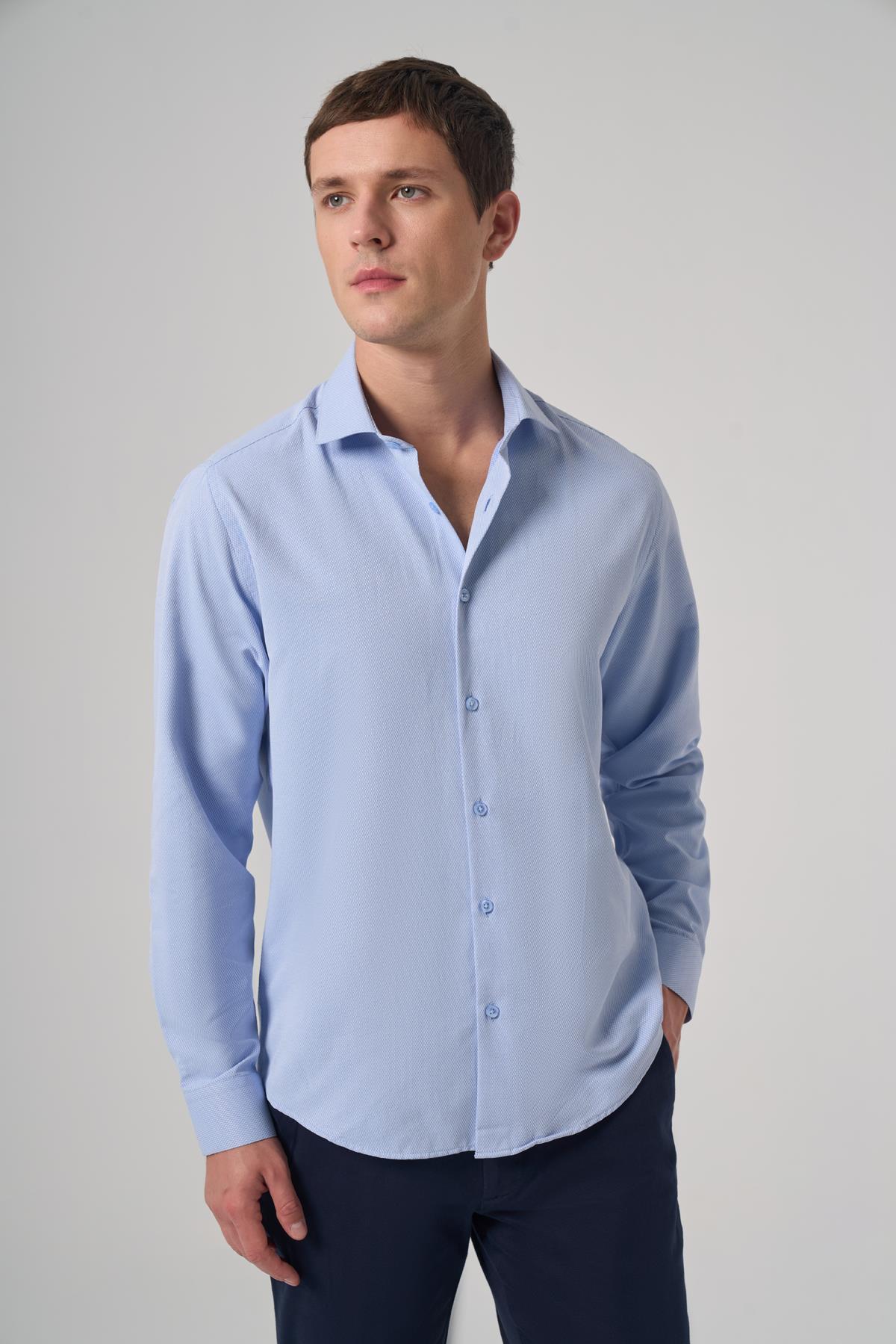 Morven Erkek Mavi Polyester Trend Desenli Dynamic Fit İtalyan Yaka Gömlek