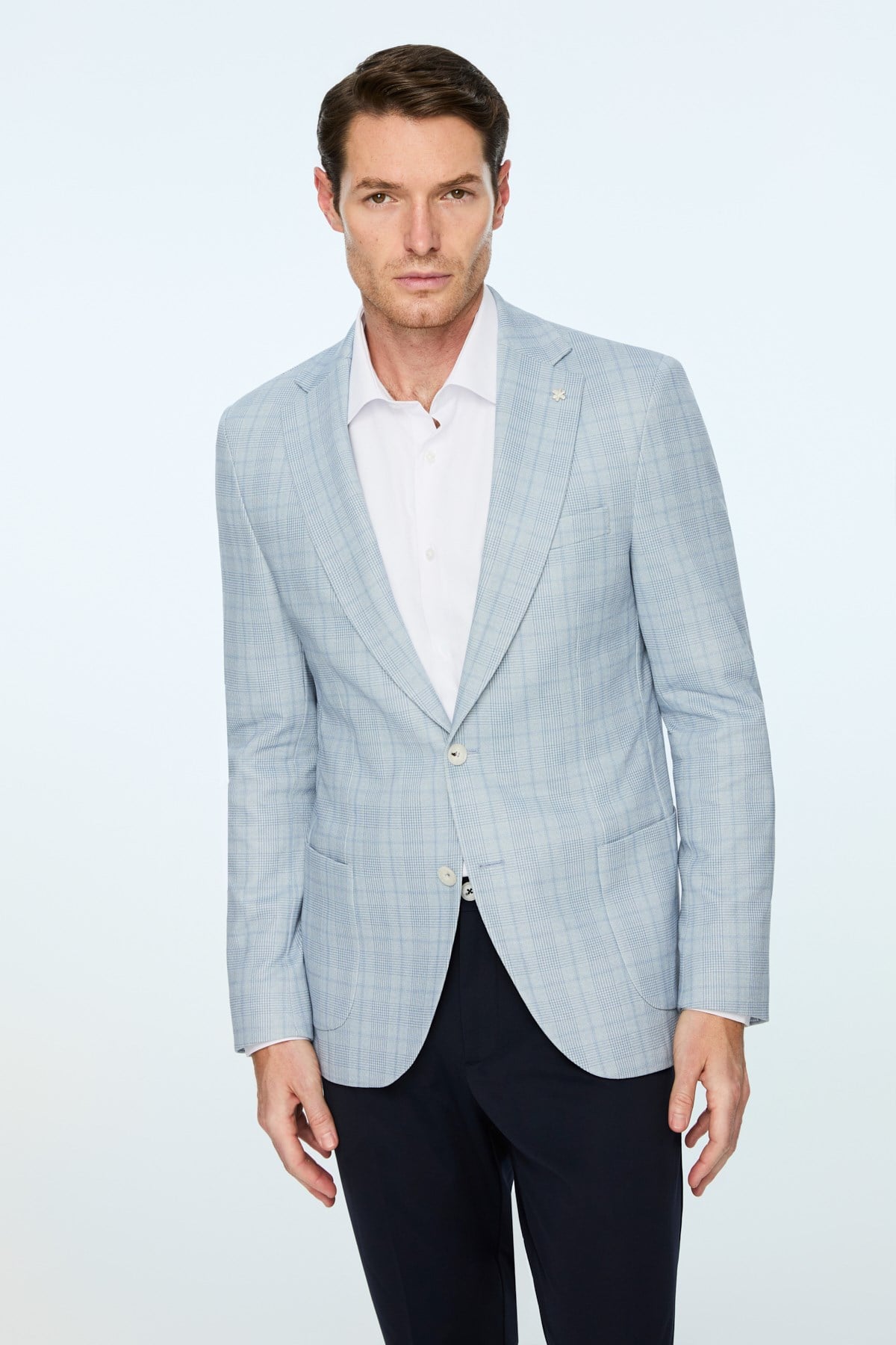 Morven Erkek Mavi Polyester Trend Ekoseli Slim Fit Mono Yaka Ceket