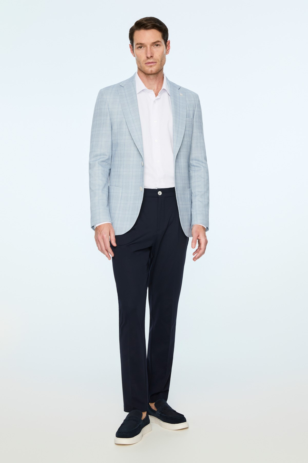 Morven Erkek Mavi Polyester Trend Ekoseli Slim Fit Mono Yaka Ceket