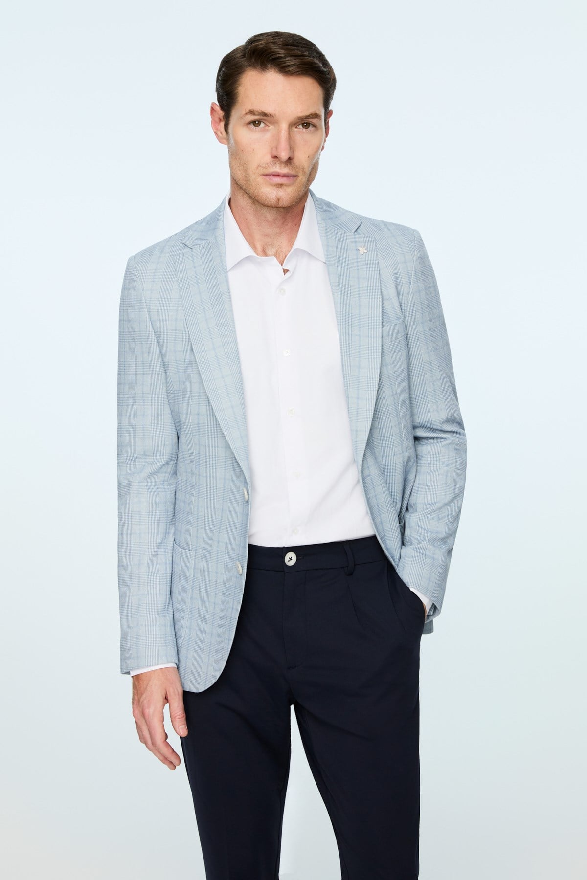 Morven Erkek Mavi Polyester Trend Ekoseli Slim Fit Mono Yaka Ceket