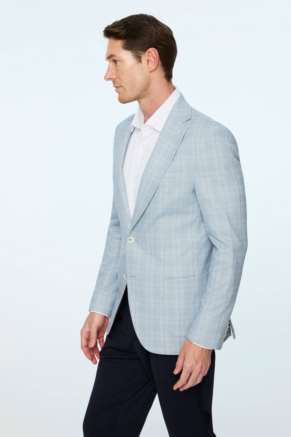 Morven Erkek Mavi Polyester Trend Ekoseli Slim Fit Mono Yaka Ceket