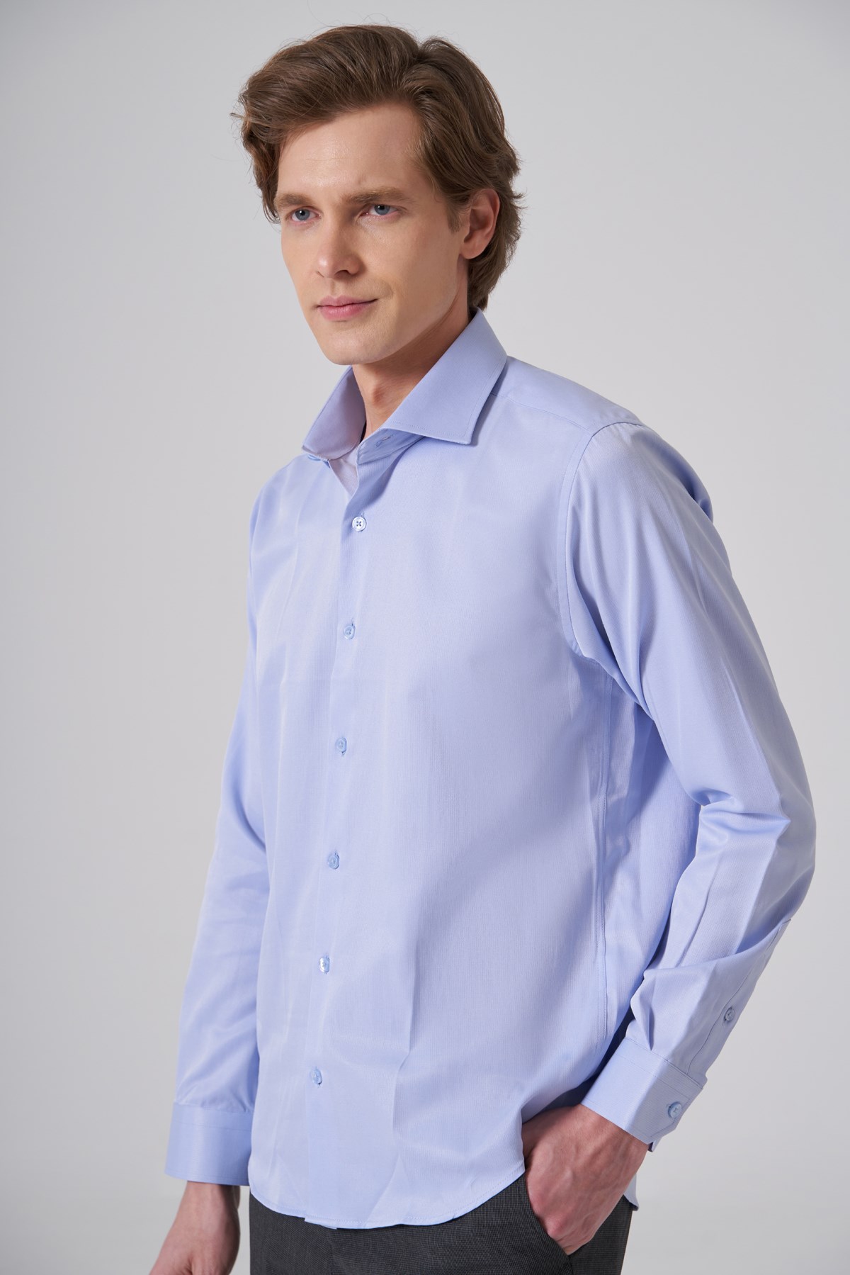 Morven Erkek Mavi Polyester Trend Slim Fit Tam İtalyan Yaka Gömlek