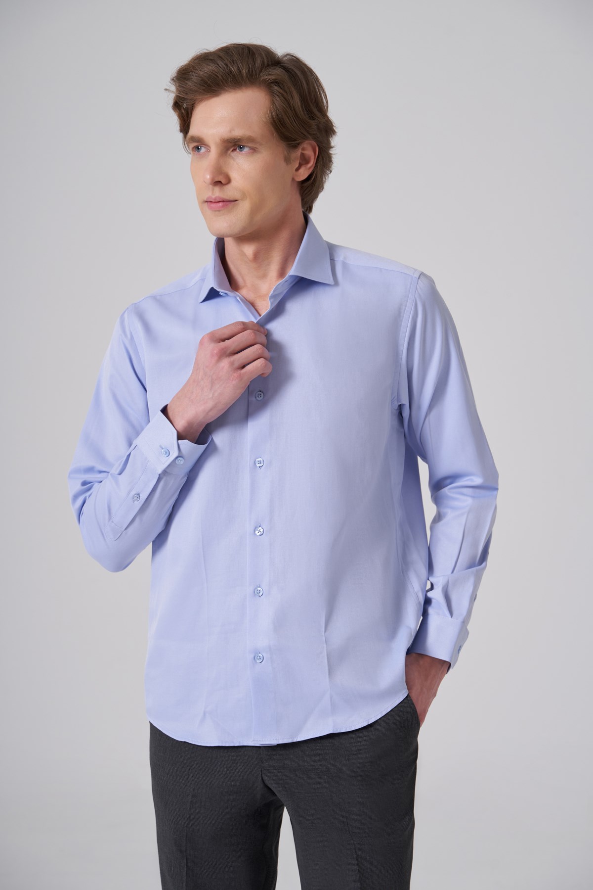 Morven Erkek Mavi Polyester Trend Slim Fit Tam İtalyan Yaka Gömlek