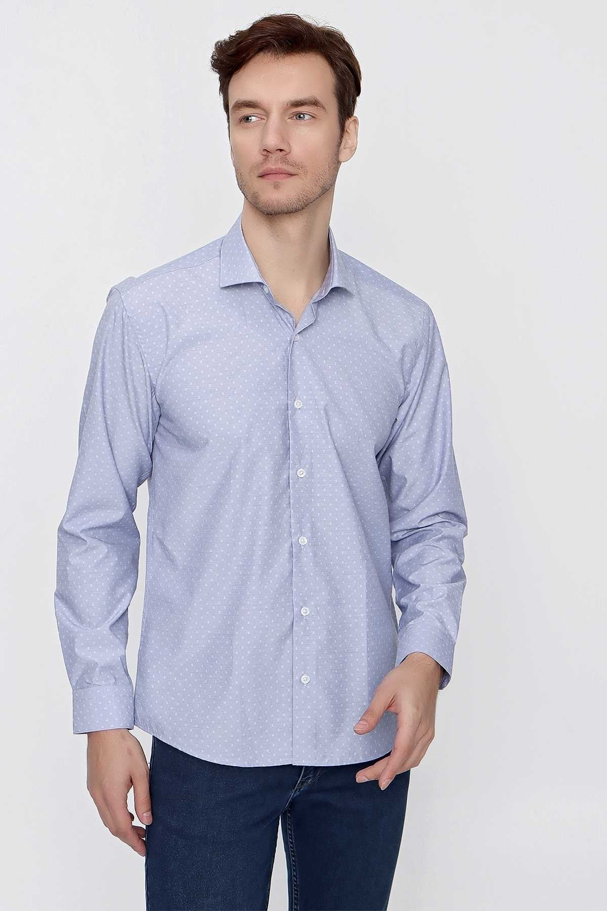 Morven Erkek Mavi Saldera Desenli Slim Fit  Dar Kesim Gömlek