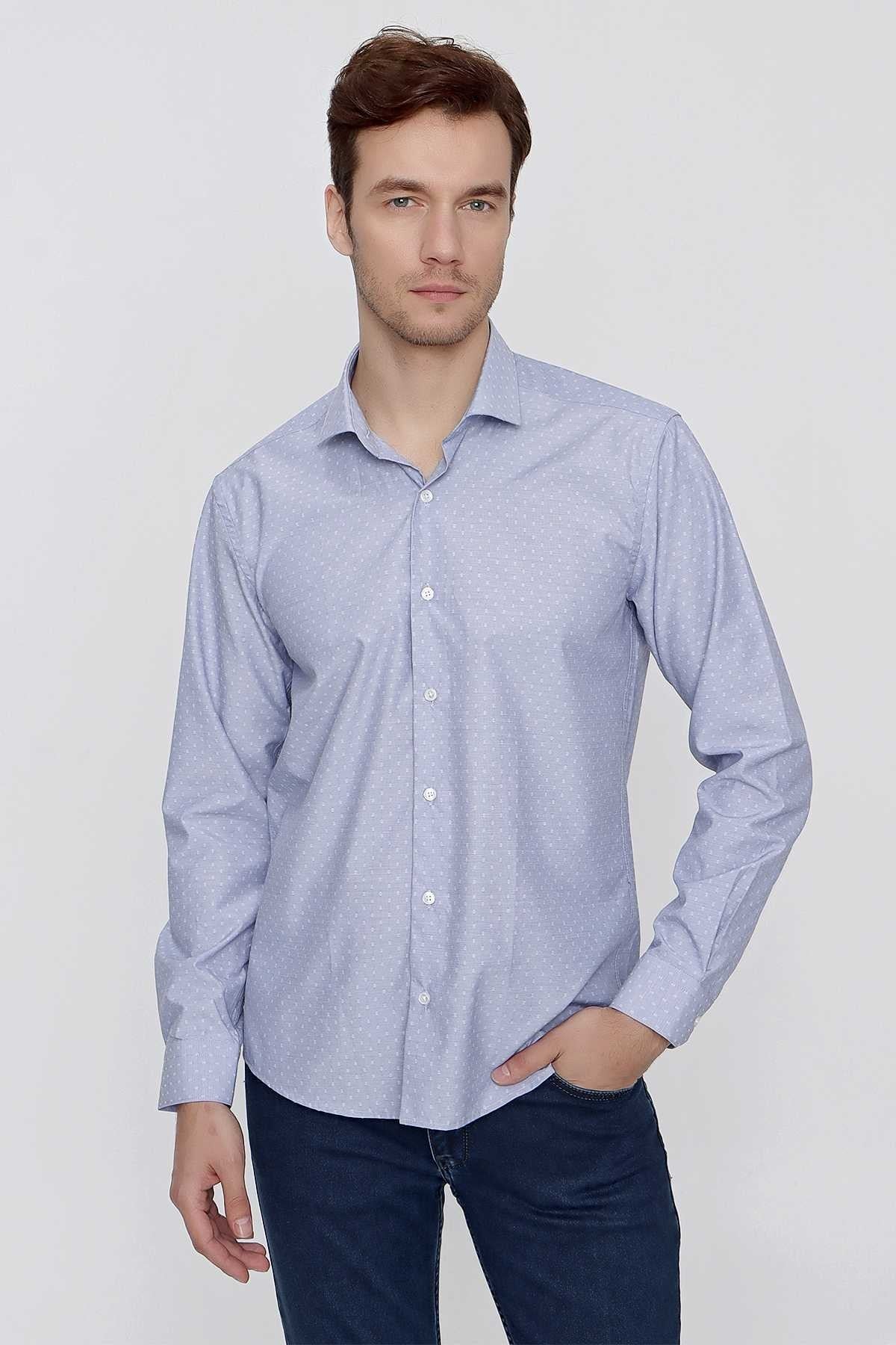 Morven Erkek Mavi Saldera Desenli Slim Fit  Dar Kesim Gömlek