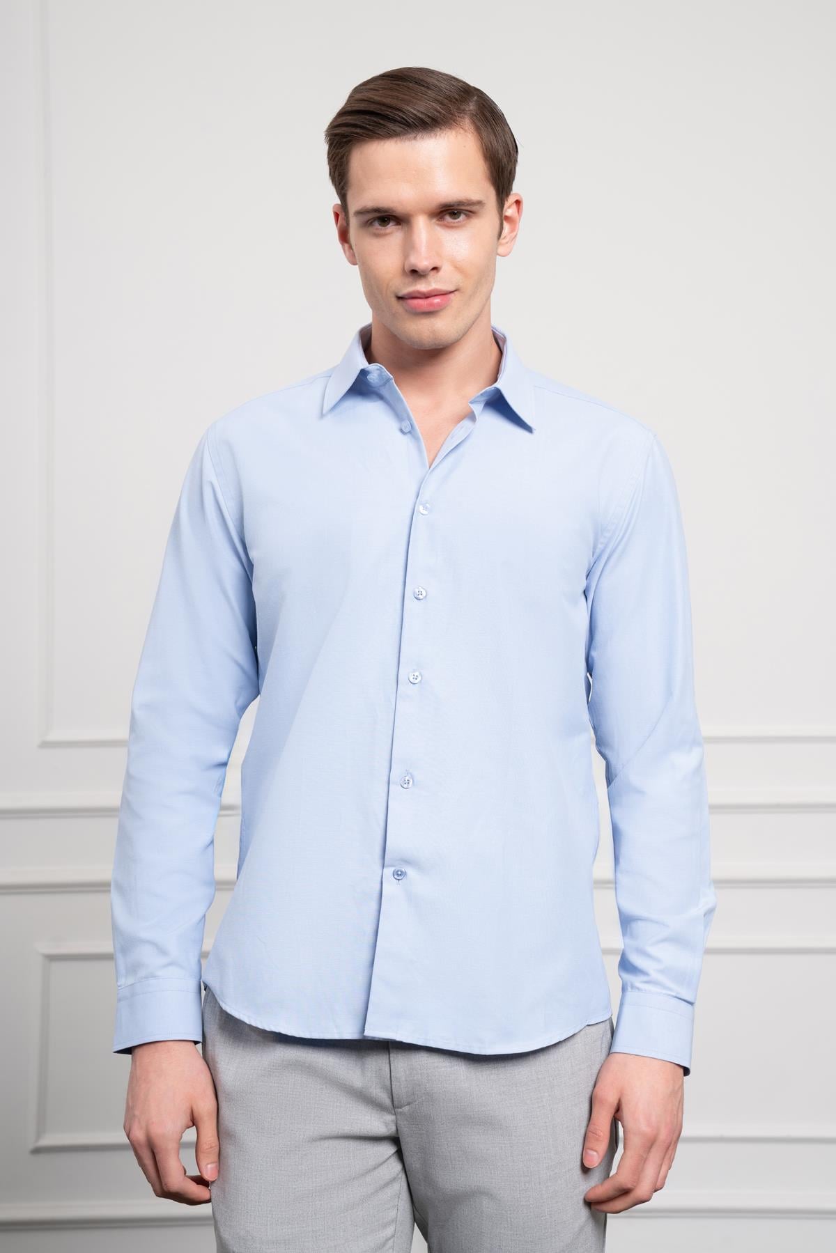 Morven Erkek Mavi Slim Fit Dar Kesim Sert Spor Yaka Gömlek