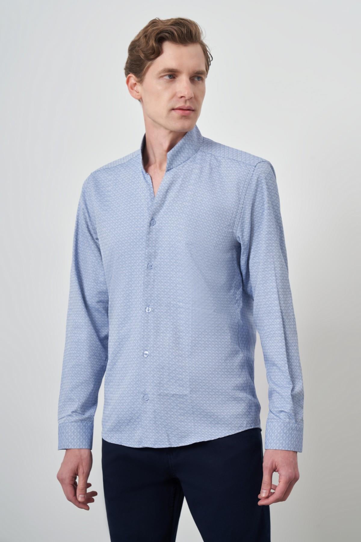 Morven Erkek Mavi Slim Fit Dik Yaka Gömlek