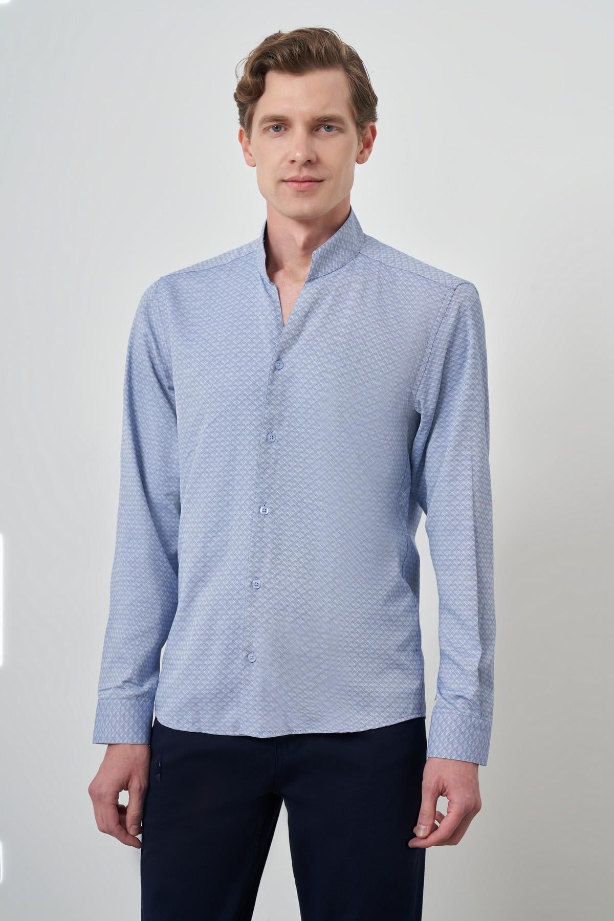 Morven Erkek Mavi Slim Fit Dik Yaka Gömlek
