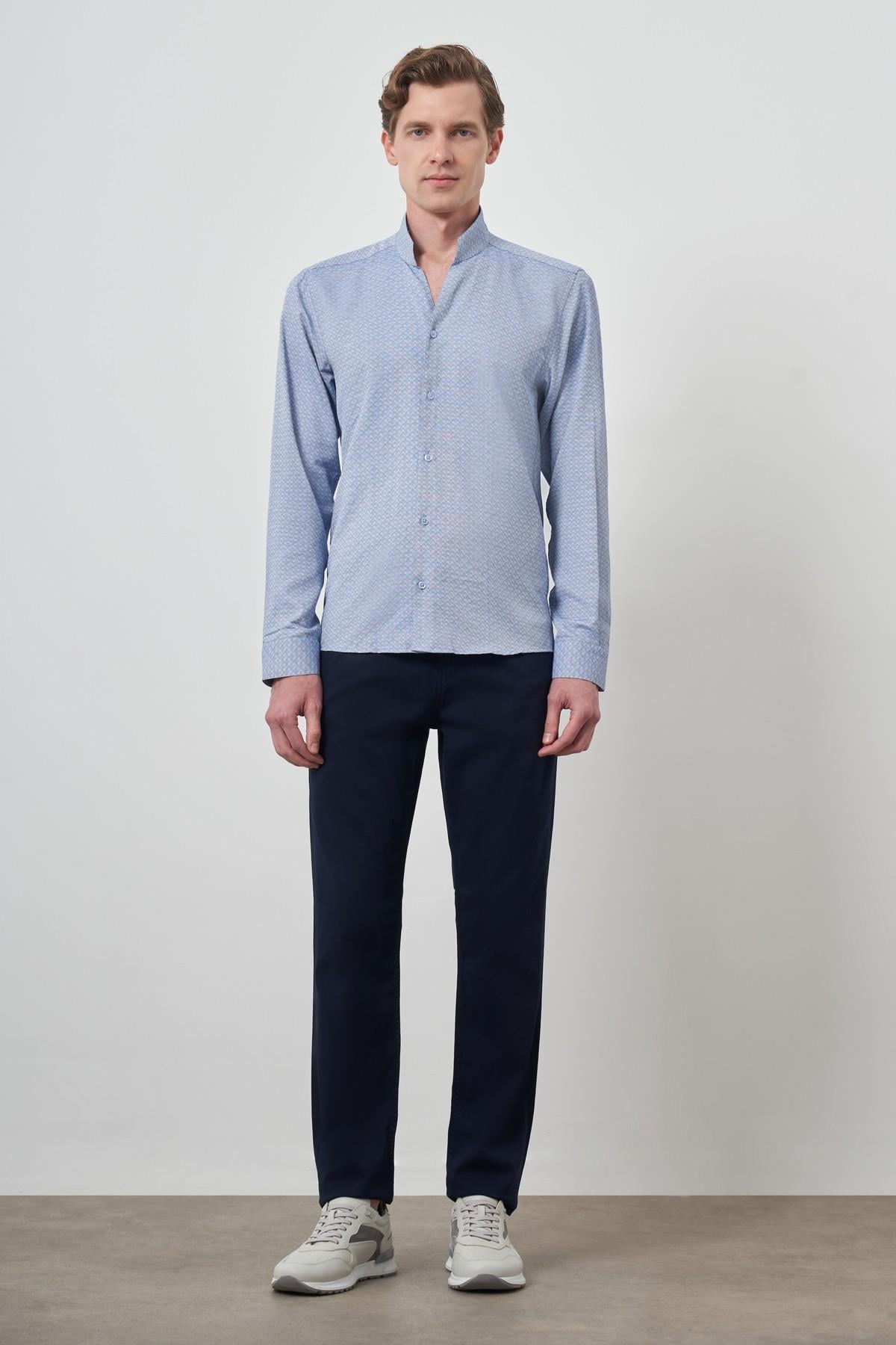 Morven Erkek Mavi Slim Fit Dik Yaka Gömlek