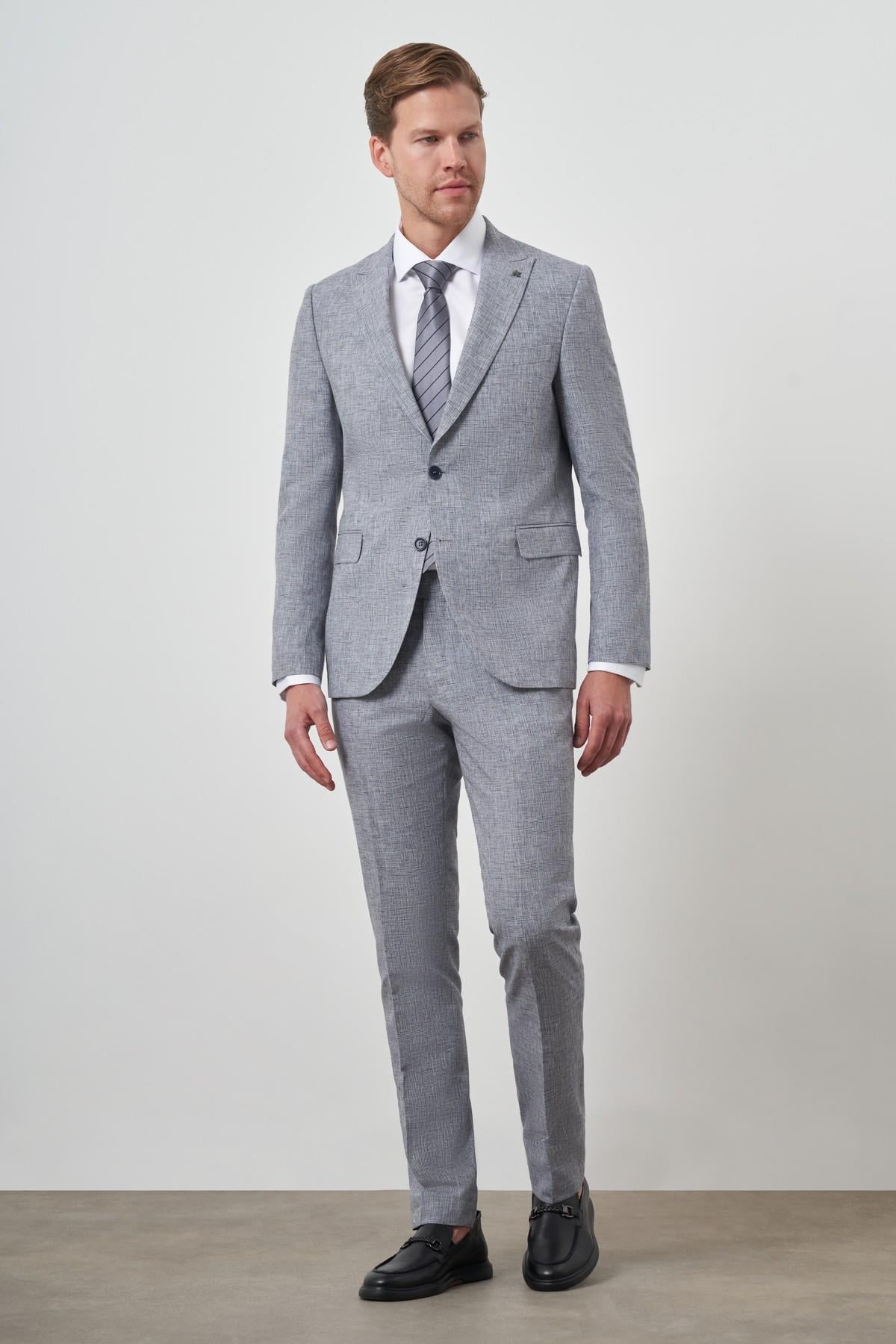 Morven Erkek Mavi Tend Keten Slim  Fit Sivri Yaka Takım Elbise