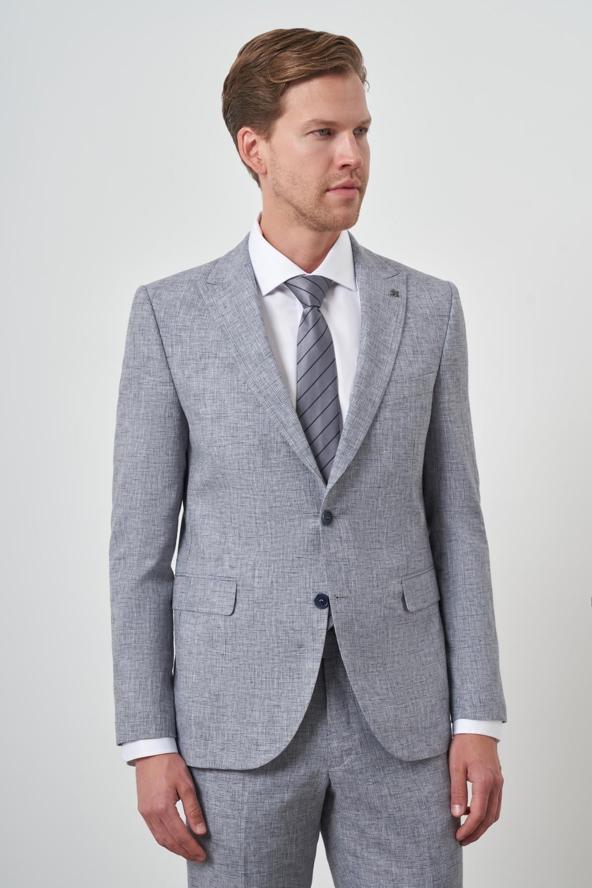 Morven Erkek Mavi Tend Keten Slim  Fit Sivri Yaka Takım Elbise