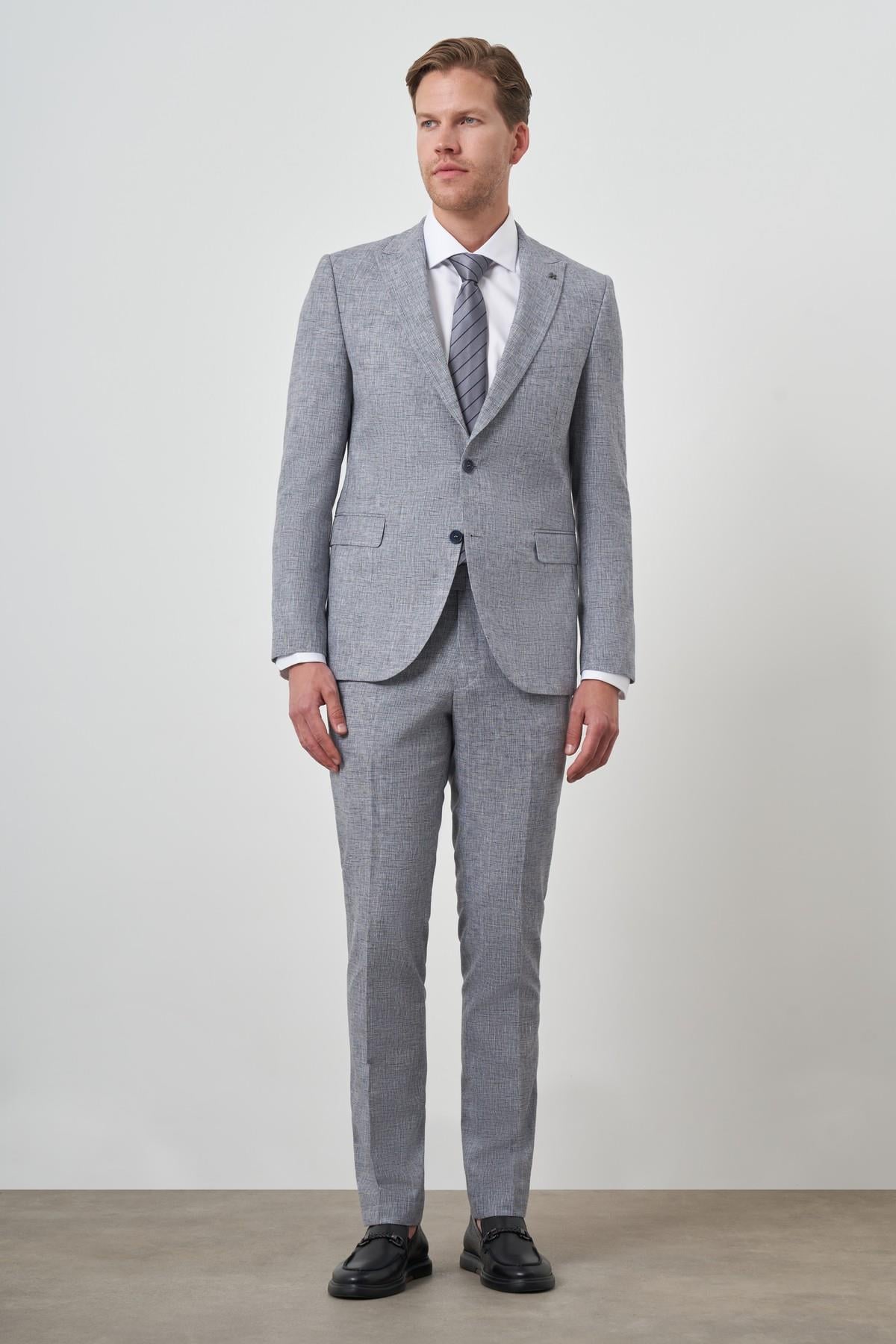 Morven Erkek Mavi Tend Keten Slim  Fit Sivri Yaka Takım Elbise