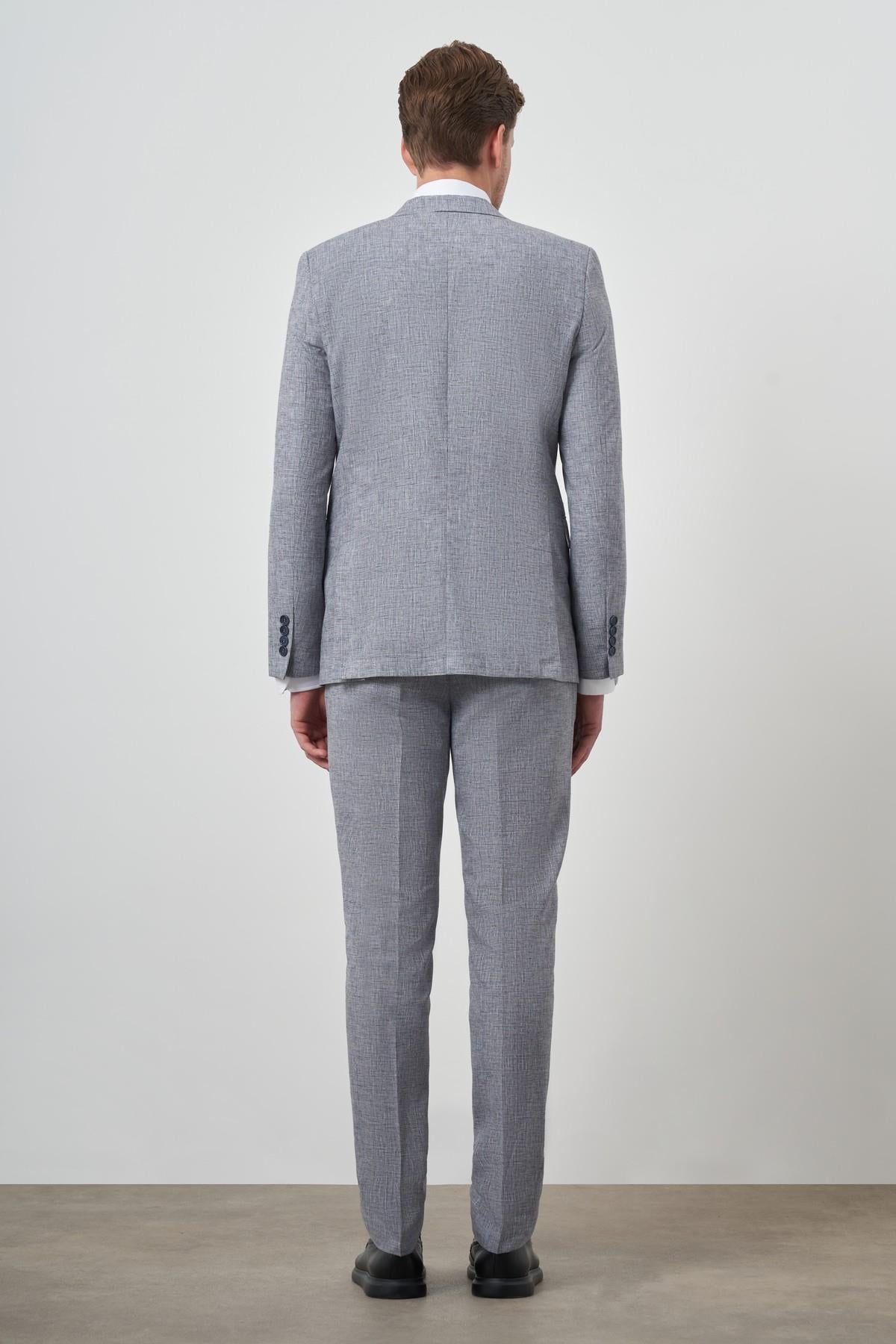 Morven Erkek Mavi Tend Keten Slim  Fit Sivri Yaka Takım Elbise