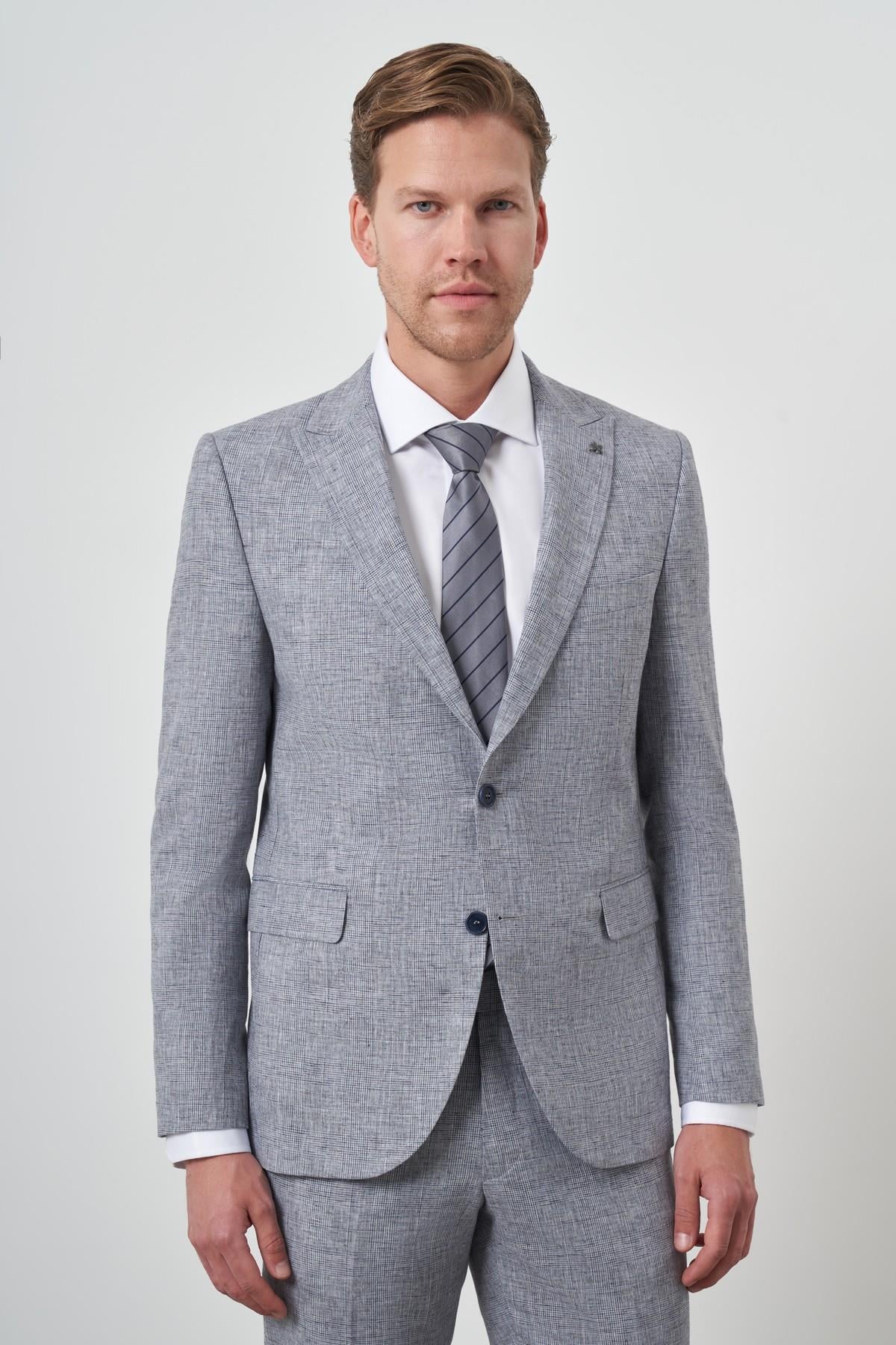 Morven Erkek Mavi Tend Keten Slim  Fit Sivri Yaka Takım Elbise