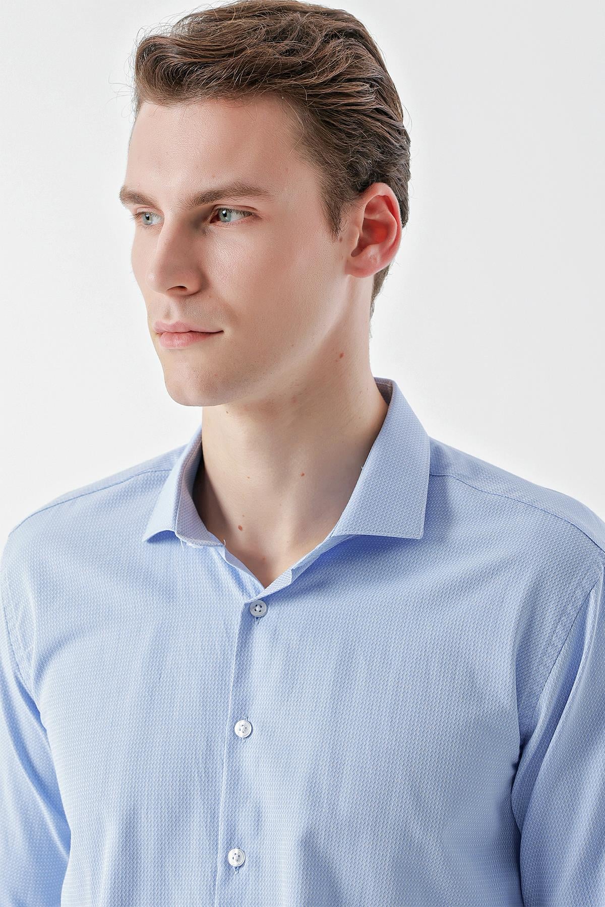 Morven Erkek Mavi Trend Baskılı Desenli İtalyan Yaka Slim Fit Gömlek
