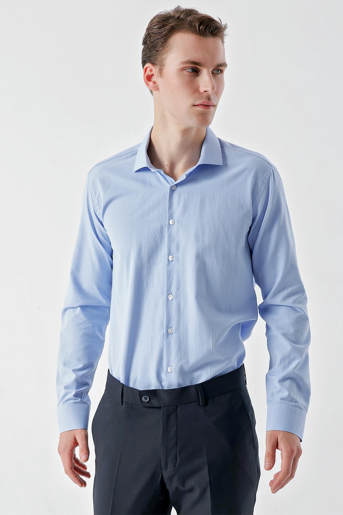 Morven Erkek Mavi Trend Baskılı Desenli İtalyan Yaka Slim Fit Gömlek