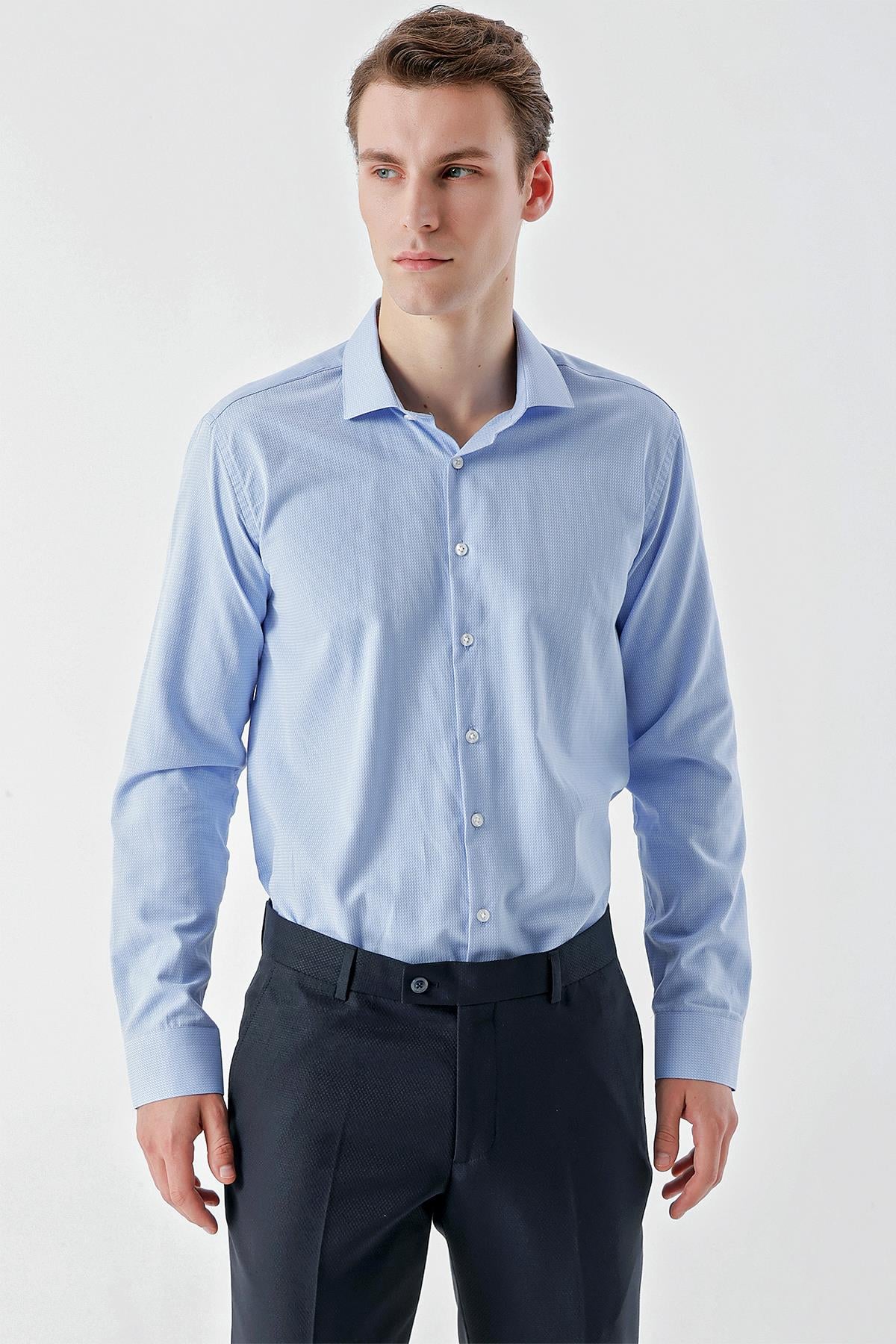 Morven Erkek Mavi Trend Baskılı Desenli İtalyan Yaka Slim Fit Gömlek