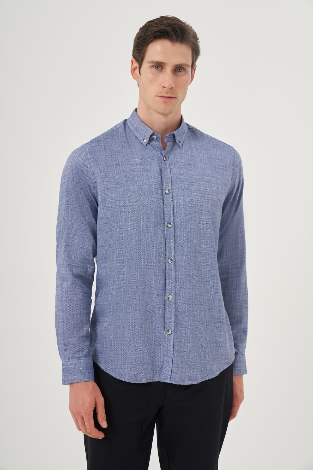Morven Erkek Mavi Trend Dynamic Fit Düğmeli Yaka Gömlek