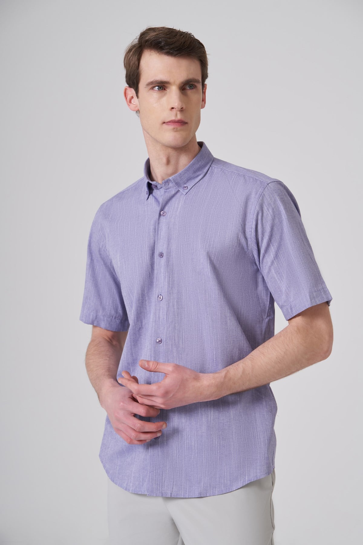 Morven Erkek Mor Trend Regular Fit Düğmeli Yaka Kısa Kol Gömlek