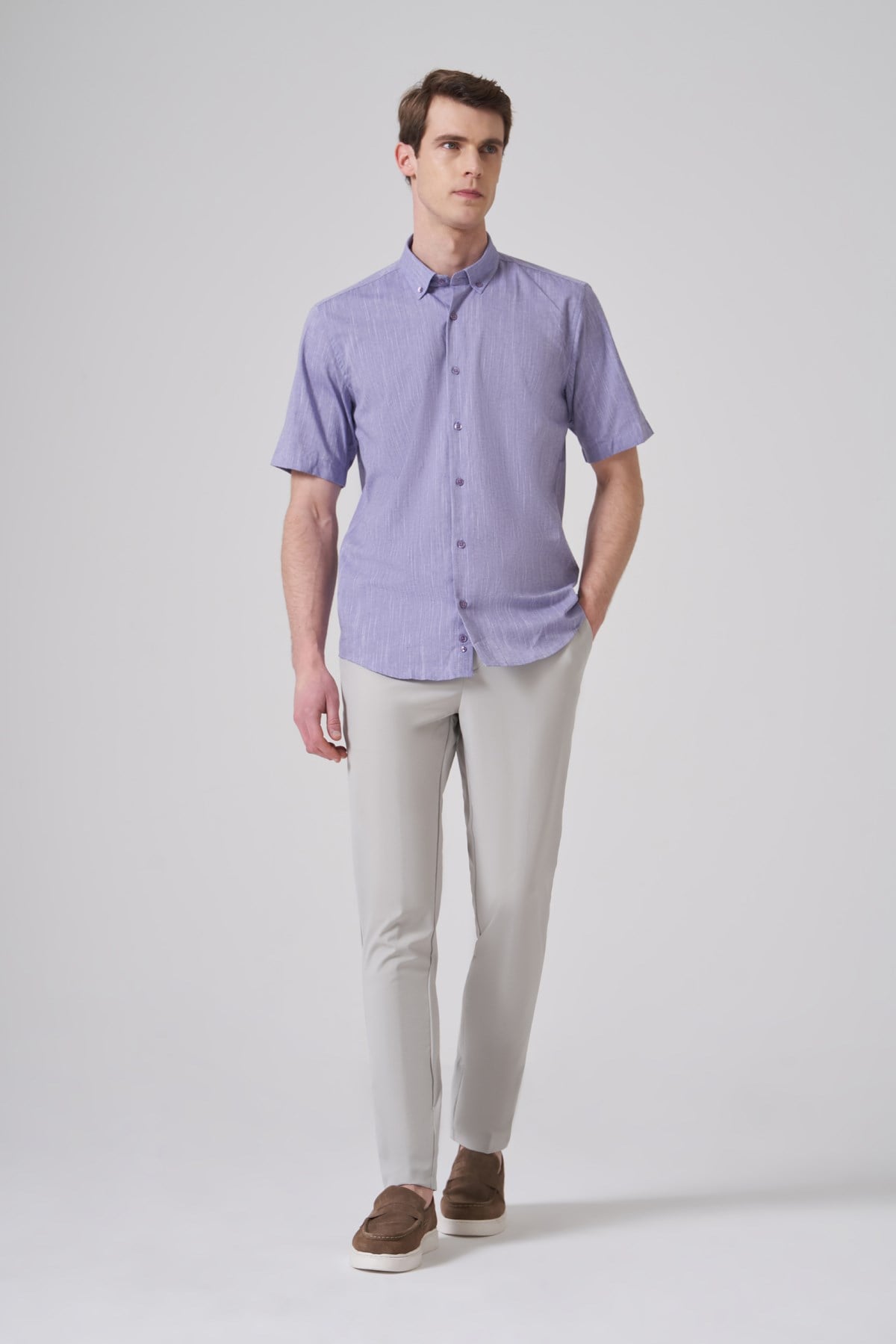 Morven Erkek Mor Trend Regular Fit Düğmeli Yaka Kısa Kol Gömlek
