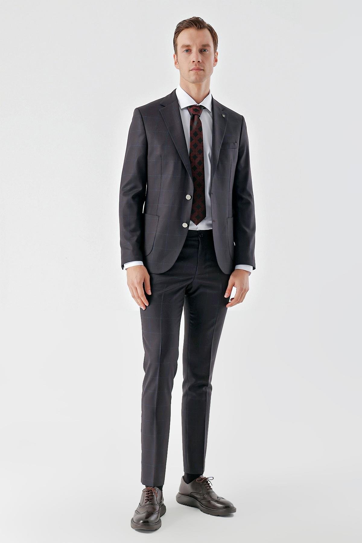 Morven Erkek Mürdüm Poliviskon Trend Ekoseli Slim Fit Mono Yaka Takım Elbise