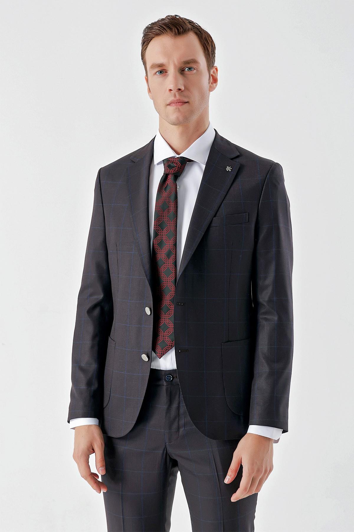 Morven Erkek Mürdüm Poliviskon Trend Ekoseli Slim Fit Mono Yaka Takım Elbise