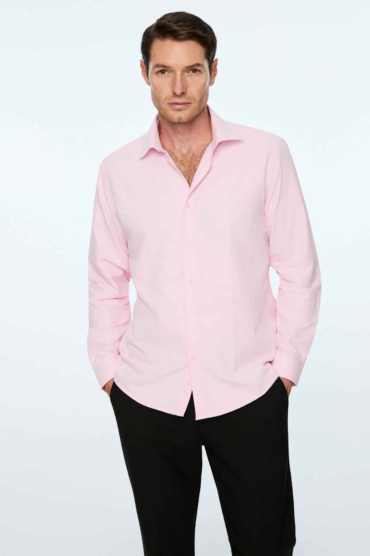 Morven Erkek Pembe Düz Slim Fit Sert Yaka Gömlek