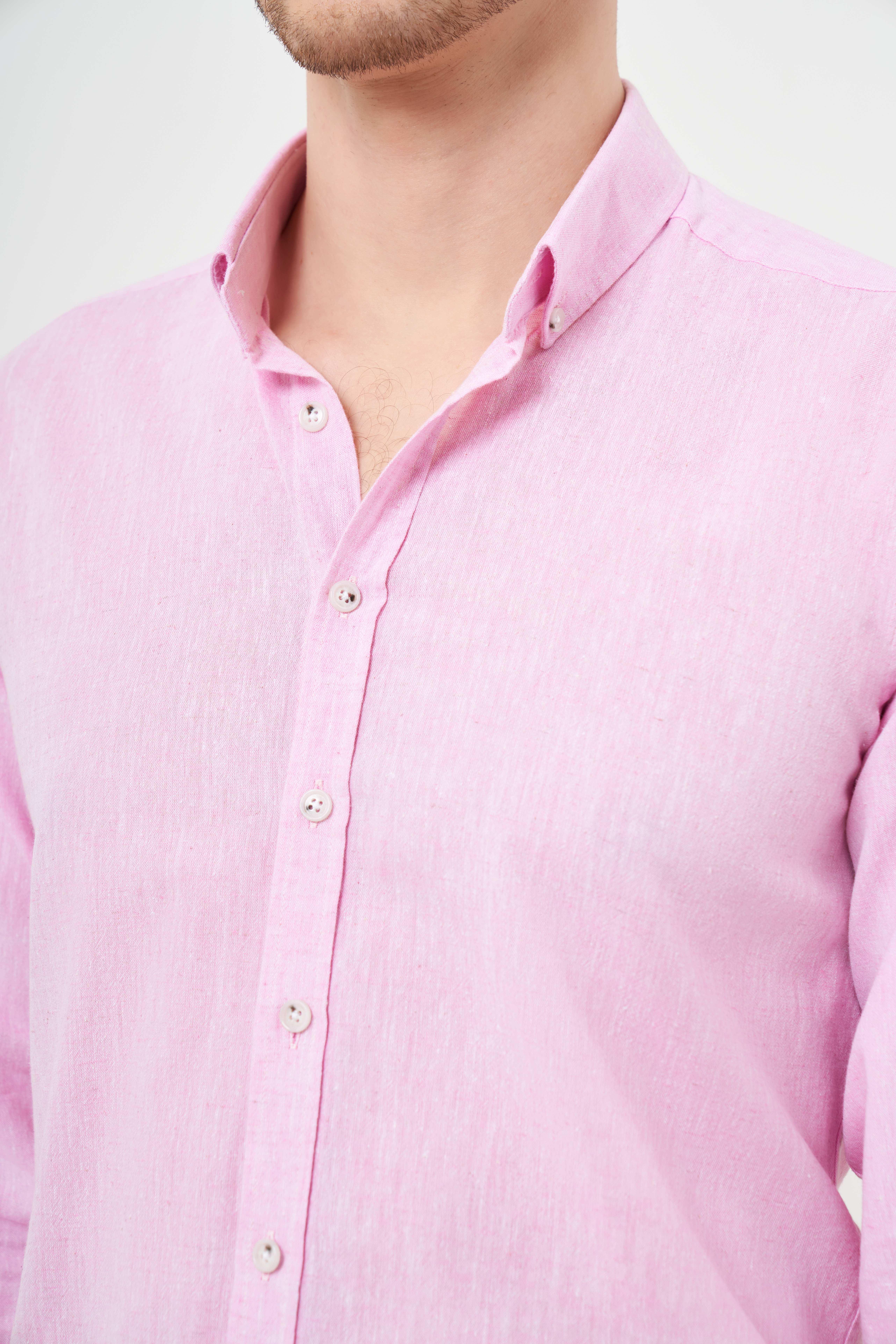 Morven Erkek Pembe Keten Düz Desen Düğmeli Yaka Slim Fit Gömlek