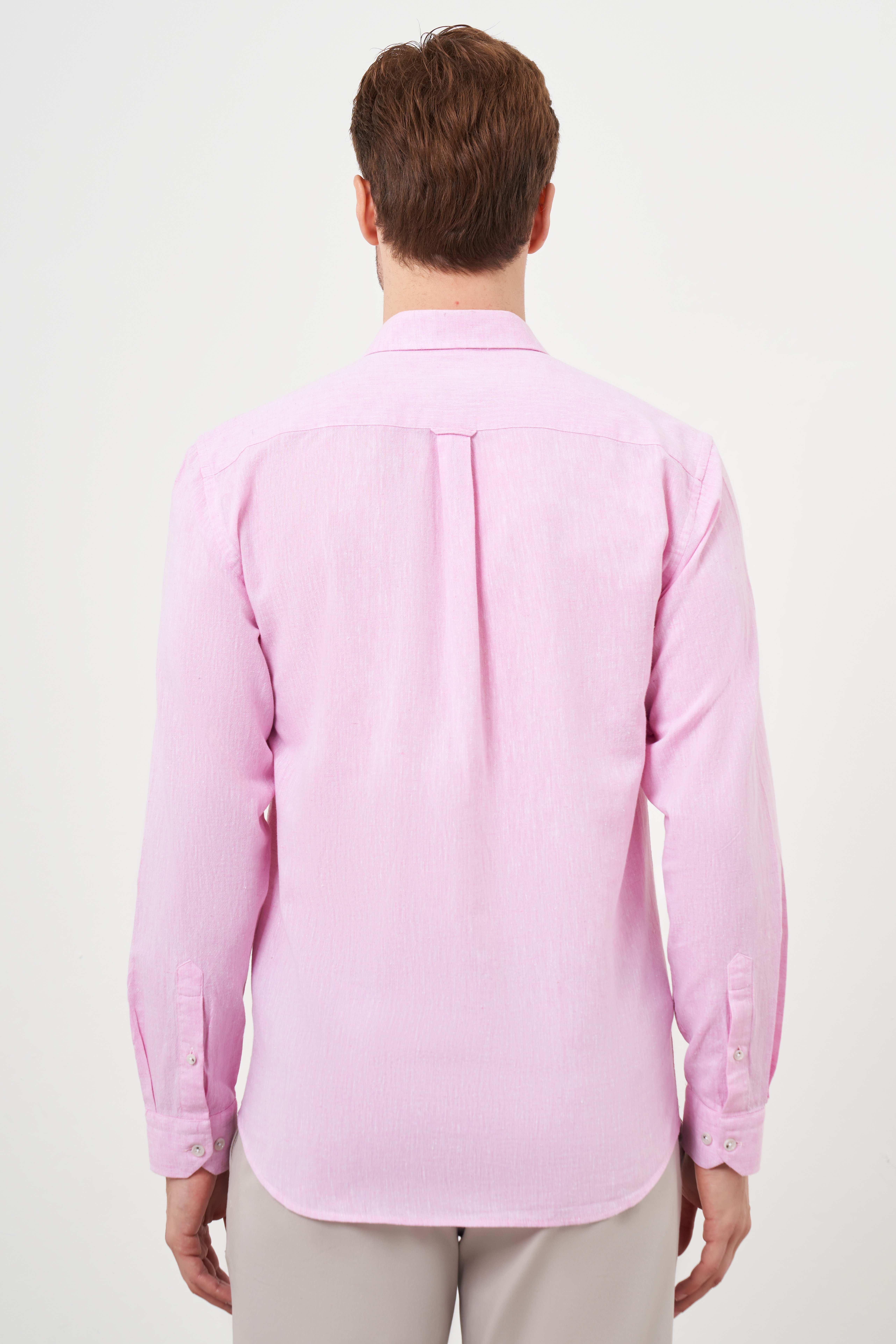Morven Erkek Pembe Keten Düz Desen Düğmeli Yaka Slim Fit Gömlek
