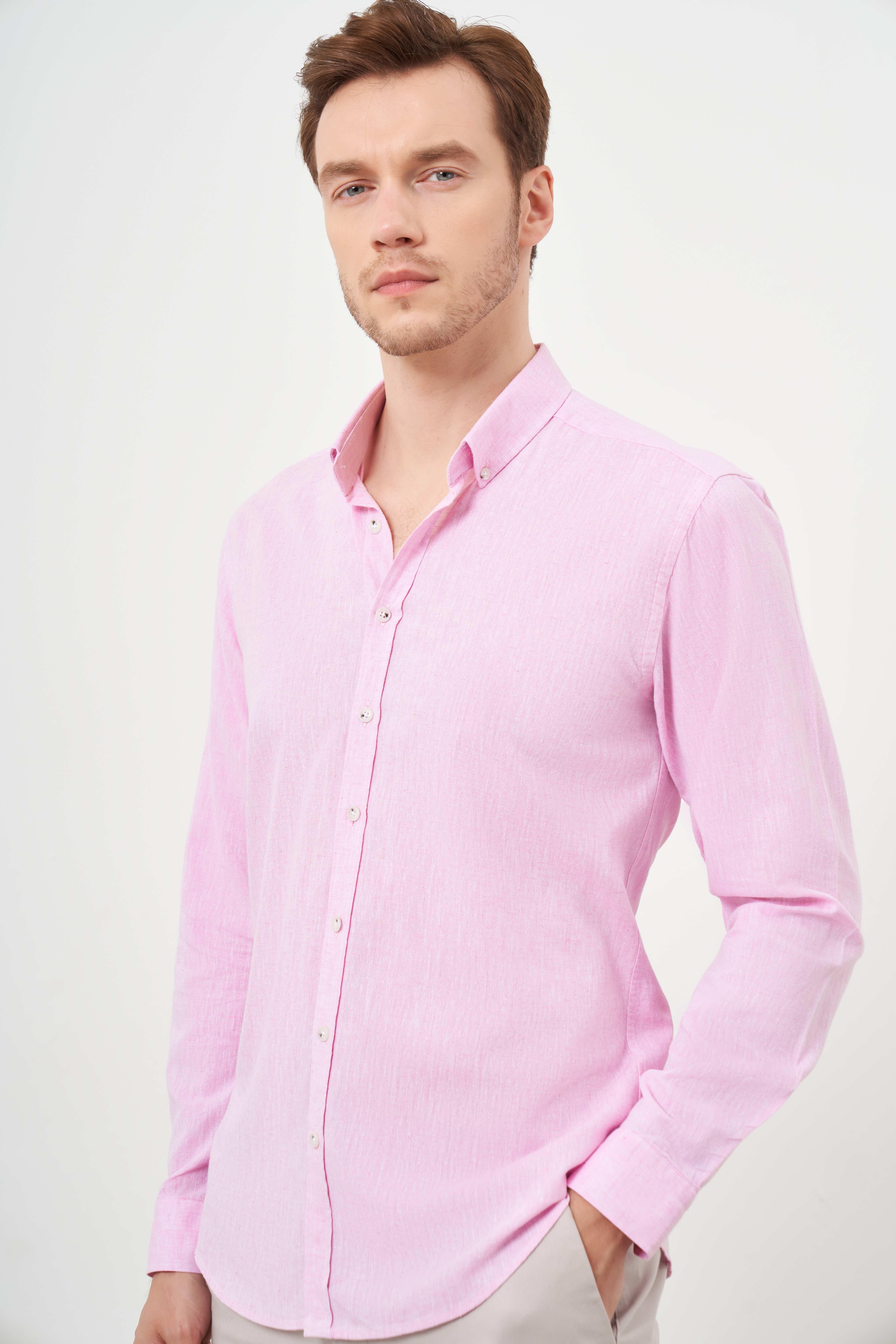Morven Erkek Pembe Keten Düz Desen Düğmeli Yaka Slim Fit Gömlek