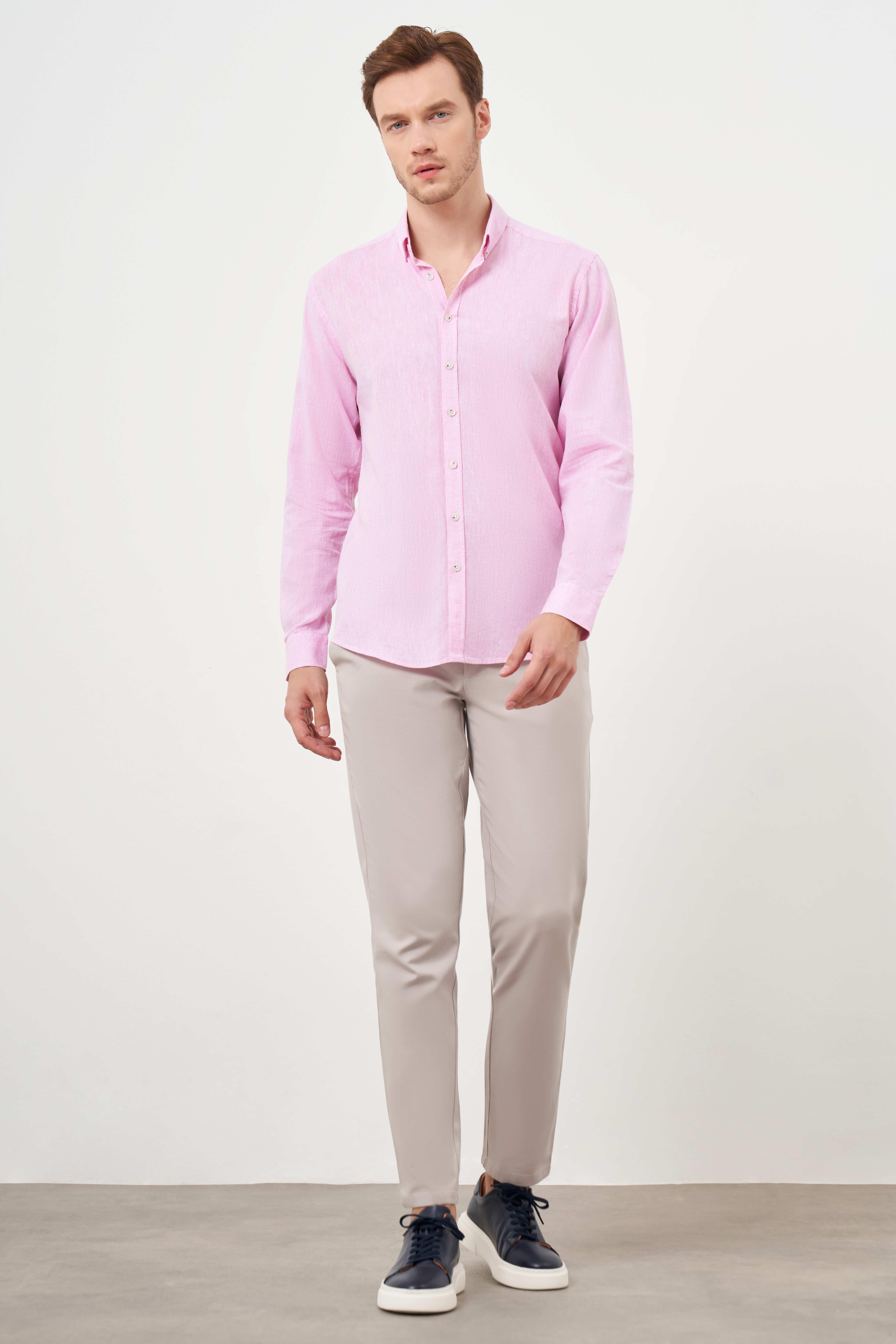 Morven Erkek Pembe Keten Düz Desen Düğmeli Yaka Slim Fit Gömlek