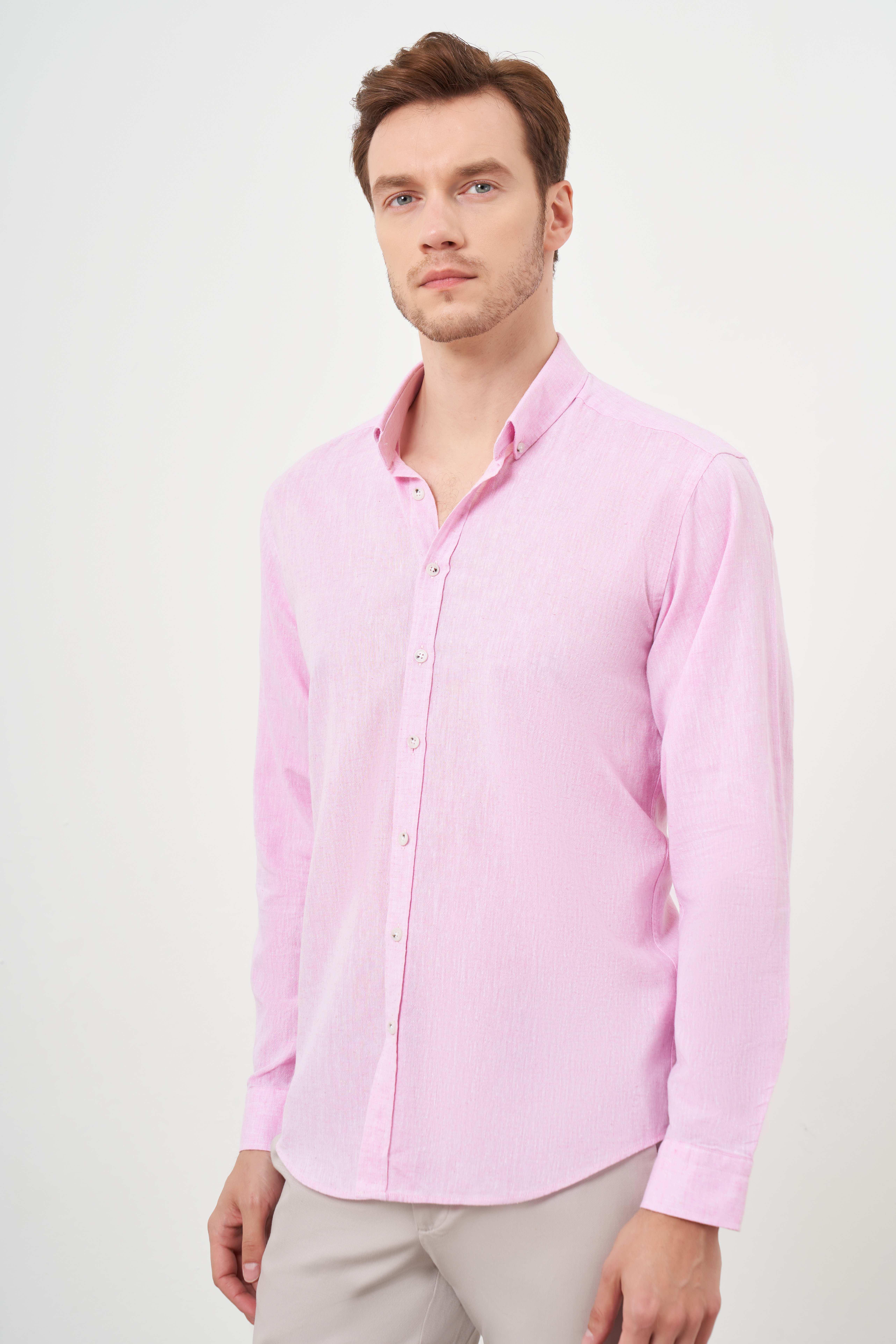 Morven Erkek Pembe Keten Düz Desen Düğmeli Yaka Slim Fit Gömlek